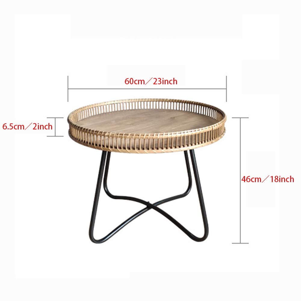 Wrought Iron Rattan Side Table - 23×18 Inch Small Round Coffee Table for Living Room, Sofa, Bedroom & Patio - Rustic End Table with Storage Shelf for Home Decor
