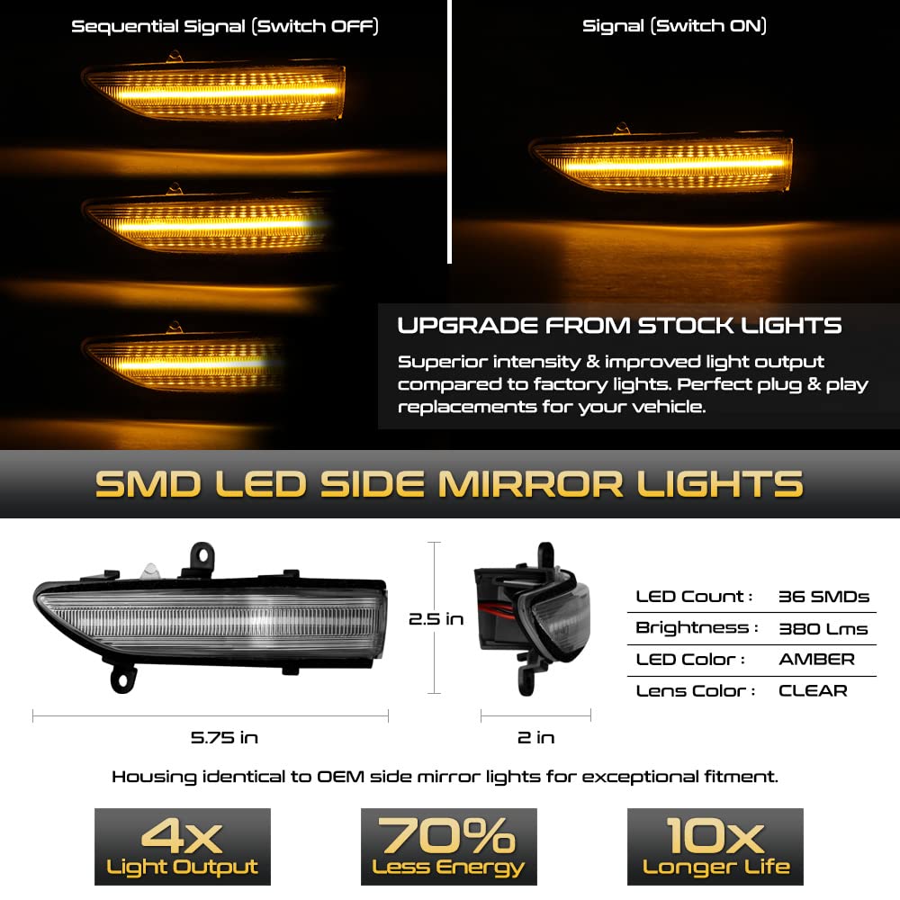 VIPMOTOZ Sequential Amber LED Side Mirror Turn Signals - Compatible with 2008-2014 Subaru Outback, Forester, Legacy & STi - Clear Lens & Chrome Housing (Pair) - Enhanced Visibility & Safety for Night Driving & Turn Signaling