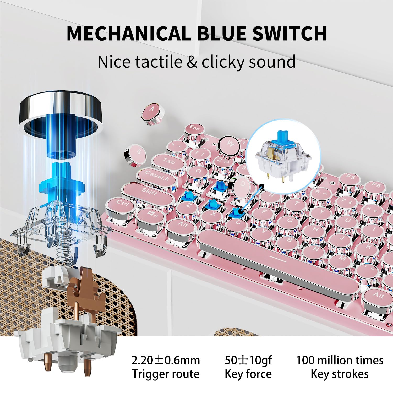 EWEADN TK950 Wireless Mechanical Keyboard - 104 Keys Typewriter Style with White Backlit, Blue Switch, Anti-Ghosting (Bluetooth/2.4GHz/USB-C) - Pink Cute Keyboard for Office, Gaming & Creative Writing