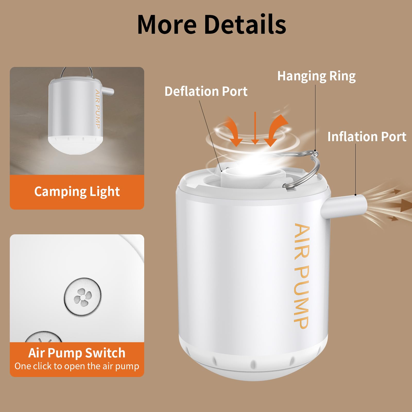 Portable Mini Air Pump for Inflatables - Rechargeable Electric Pump for Air Mattress, Pool Floats, Sleeping Pads, Vacuum Bags | Compact Camping Gear with Built-in Light for Outdoor, Travel & Home Use