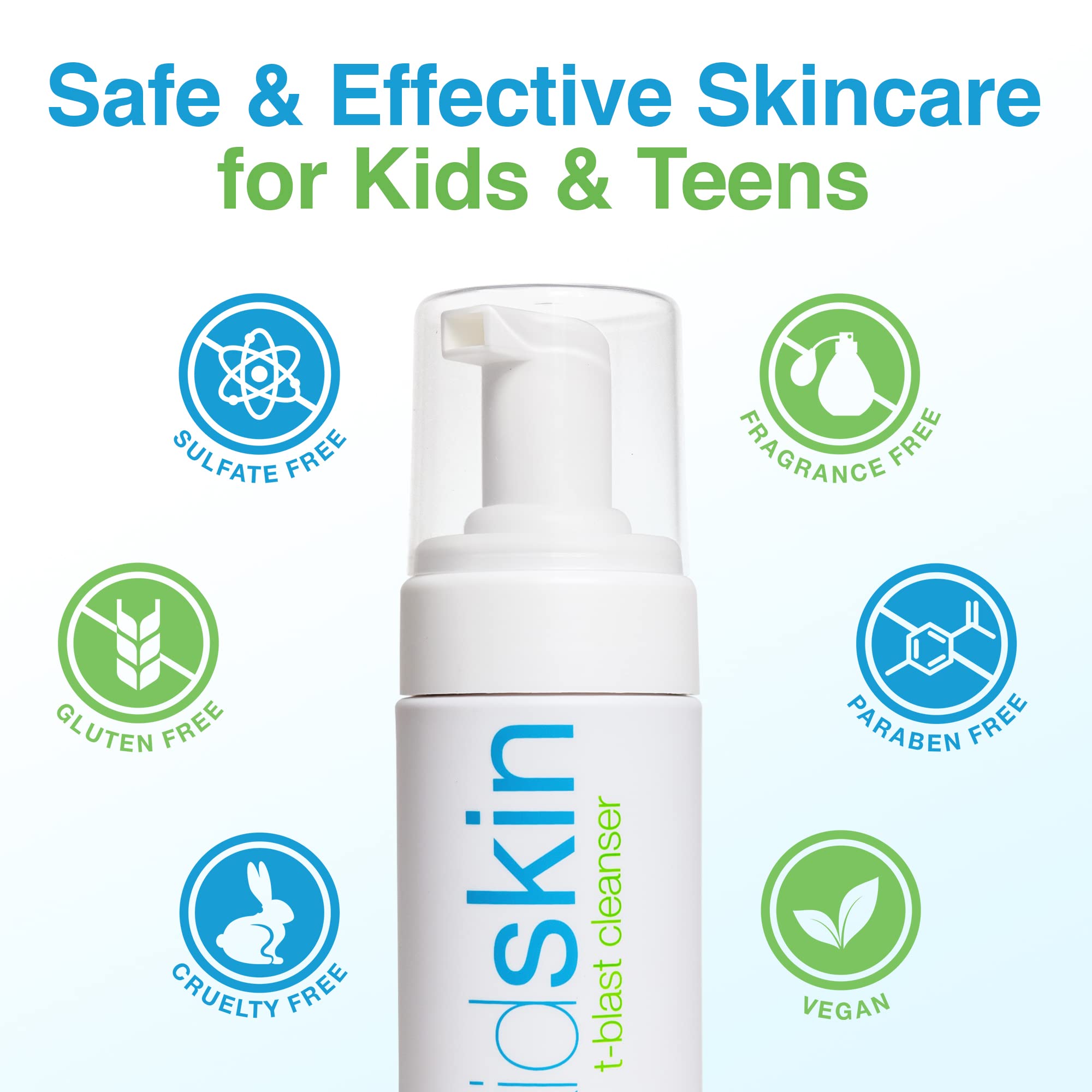 Kidskin T-Blast Facial Cleanser - Gentle Tea Tree Oil Face Wash for Kids & Teens | Natural Acne Treatment for Oily, Dry & Sensitive Skin | 150ml/5oz | Perfect for Daily Skincare Routine & Teenage Acne Care