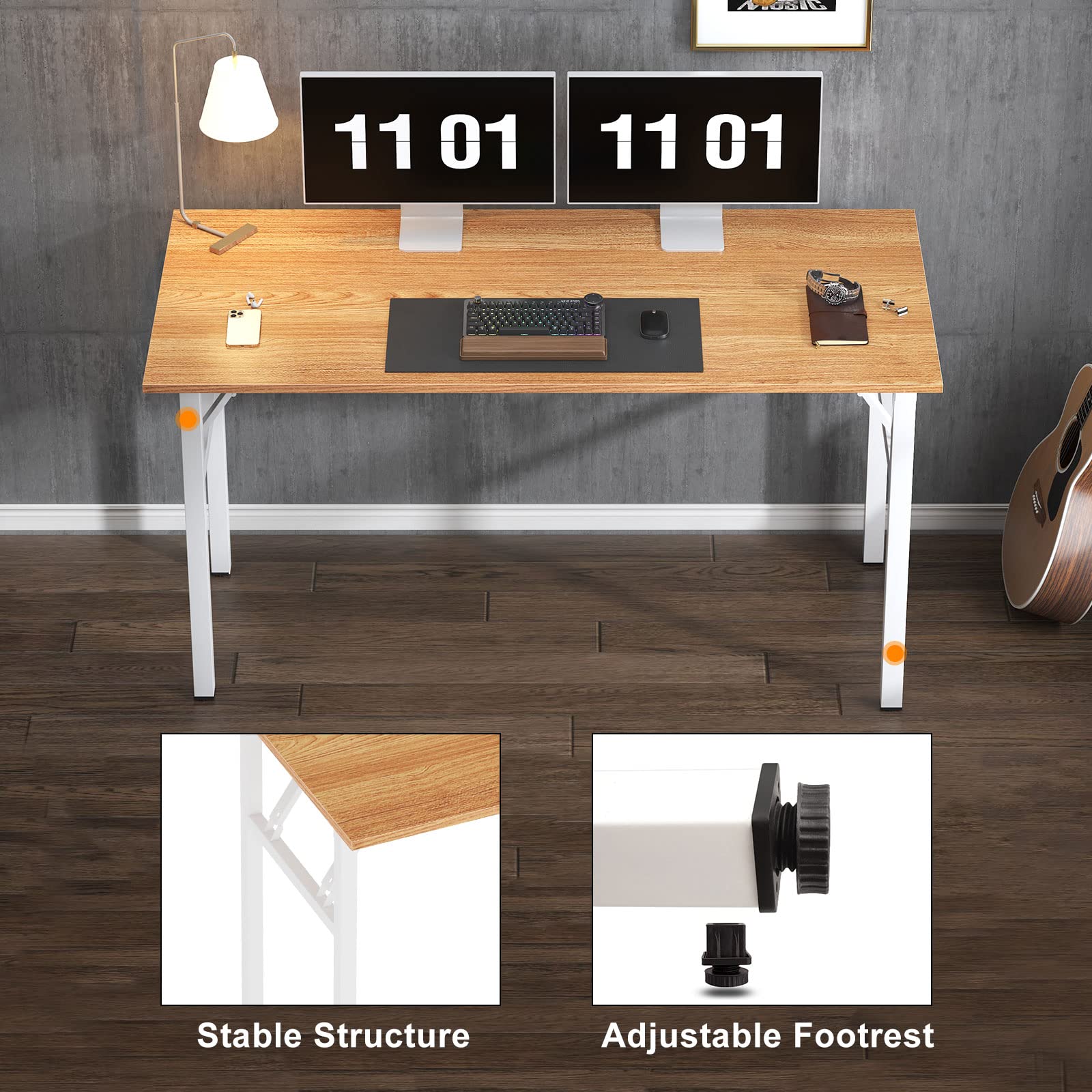 62 Inch BIFMA Certified Folding Computer Desk - Teak White Office Workstation & Conference Table for Home Office, Gaming Setup & Small Business Workspace