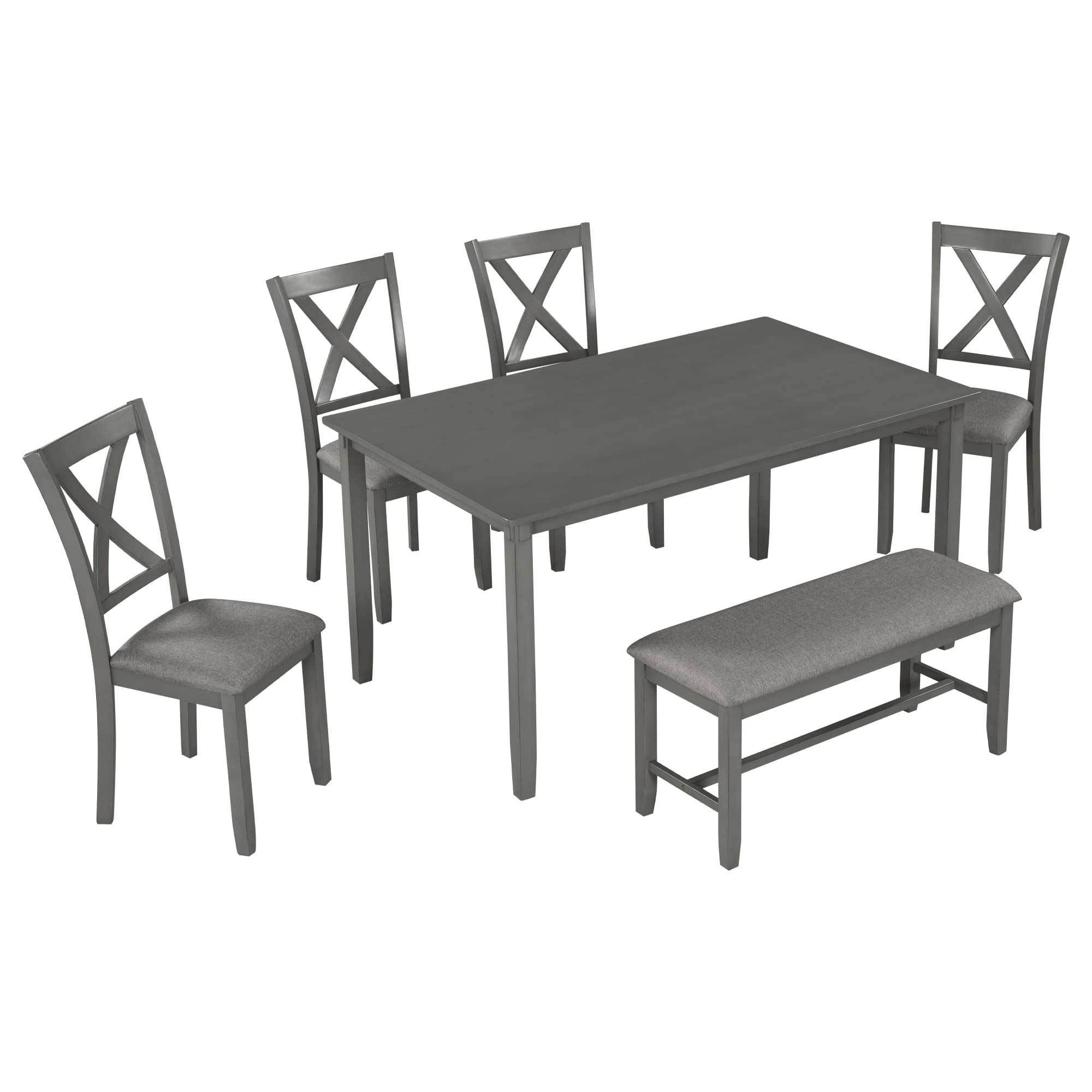 Farmhouse Dining Room Table Set with Bench and 6 Chairs - Solid Wood Kitchen Table & Upholstered Seating in Dark Grey - Perfect for Family Dinners, Entertaining Guests & Cozy Kitchen Gatherings
