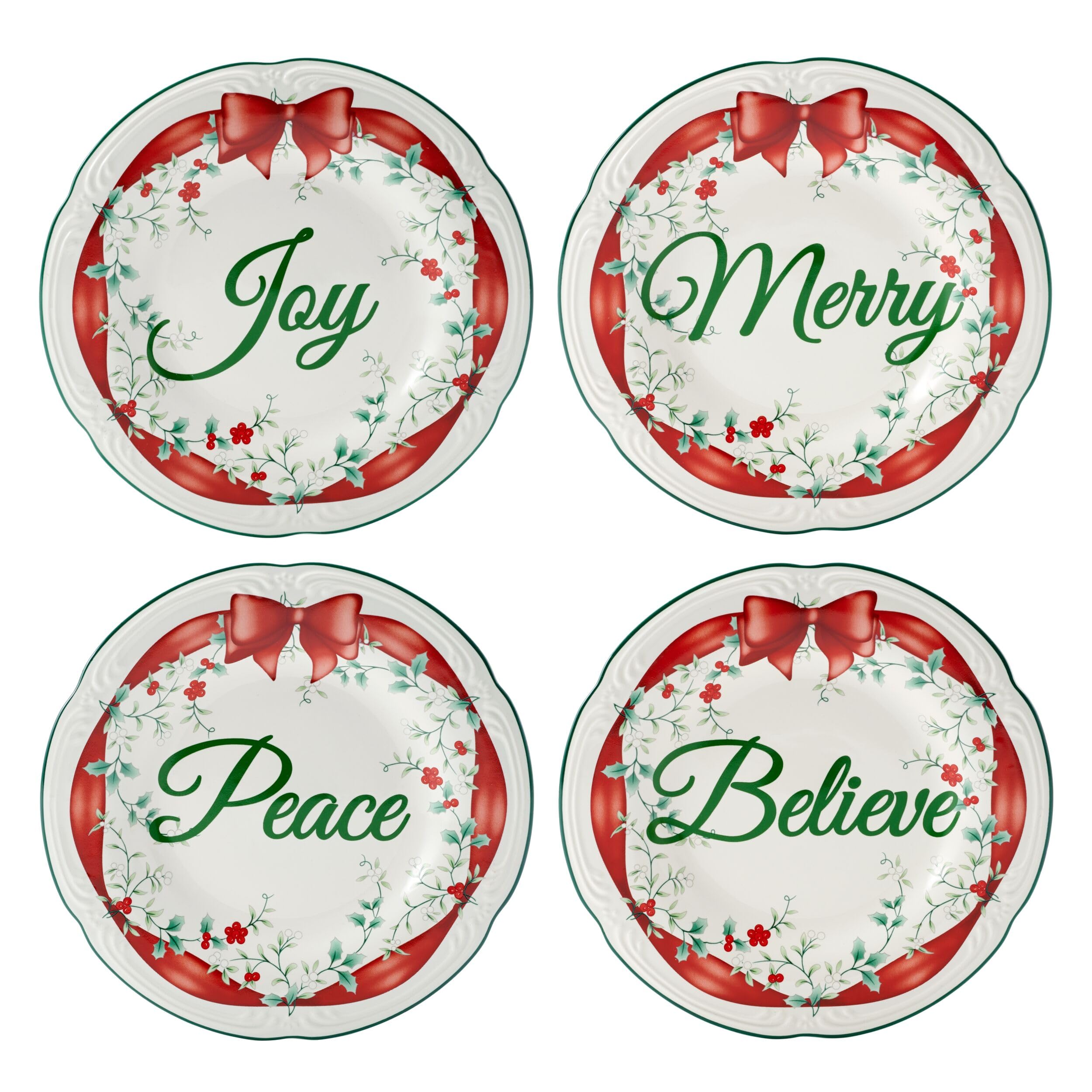 Pfaltzgraff Winterberry Red Ribbon Salad Plates Set of 4 - Elegant Dinnerware for Holiday Entertaining & Christmas Table Decor