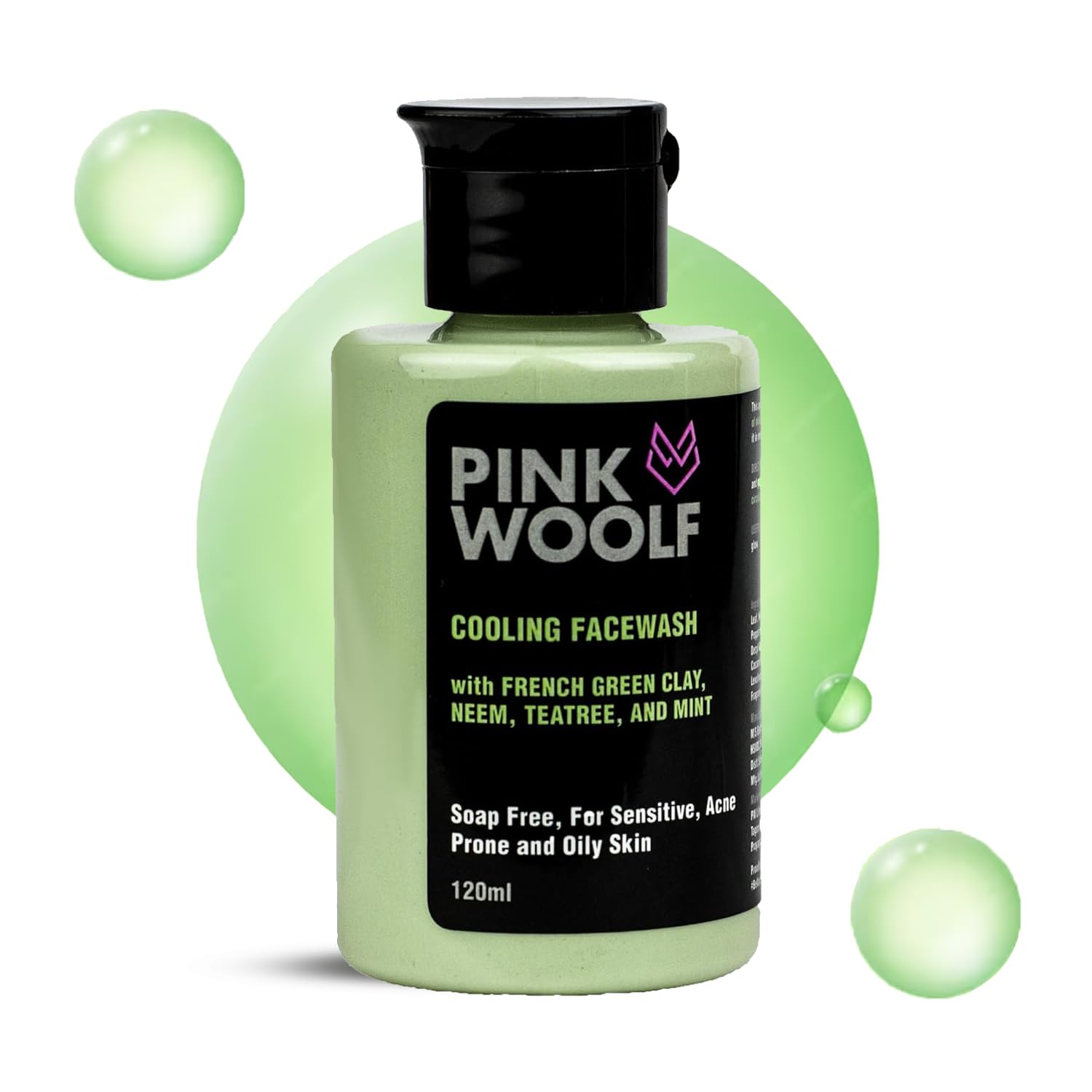 Pink Woolf Cooling Face Wash with French Green Clay, Neem, Tea Tree & Mint - Oil-Free & Soothing Cleanser for Sensitive, Acne-Prone & Oily Skin - 120ml (Pack of 1) - Perfect for Daily Skincare Routine & Post-Workout Refreshment