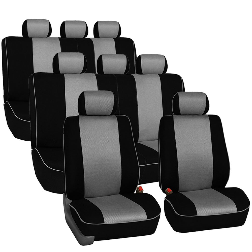 FH Group Universal 8-Seater 3-Row Cloth Car Seat Covers with Piping - Airbag & Split Ready for Cars, Trucks & SUVs (Gray/Black) | Perfect for Family Road Trips & Daily Commutes