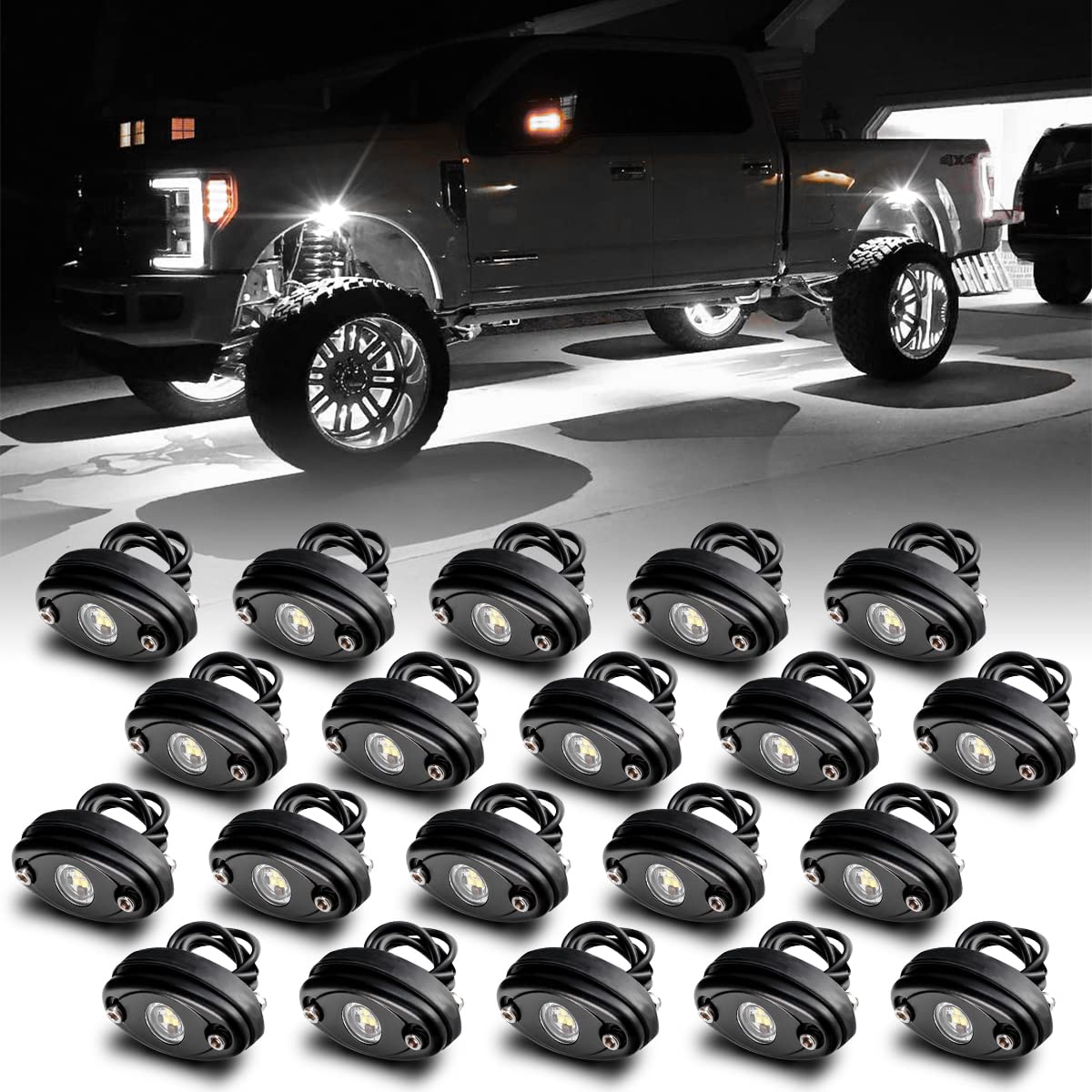 BLIAUTO 20-Pod LED Rock Lights Kit - Waterproof, Shockproof White Off-Road Lighting for Jeep, Truck, UTV, RZR, ATV, Boat | Perfect for Trail Riding, Night Offroading & Vehicle Customization