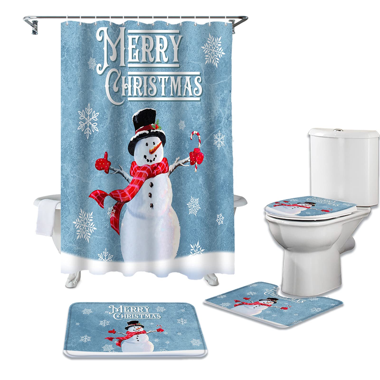 4Pcs Christmas Snowman Bath Set - Waterproof Shower Curtain with Hooks, Non-Slip Rugs, Toilet Lid Cover & U-Shaped Bath Mat - Red & Blue Snowflake Winter Holiday Bathroom Decor for Home - Perfect for Christmas Decorations, Winter Bathroom Upgrade & Festive Gift Giving