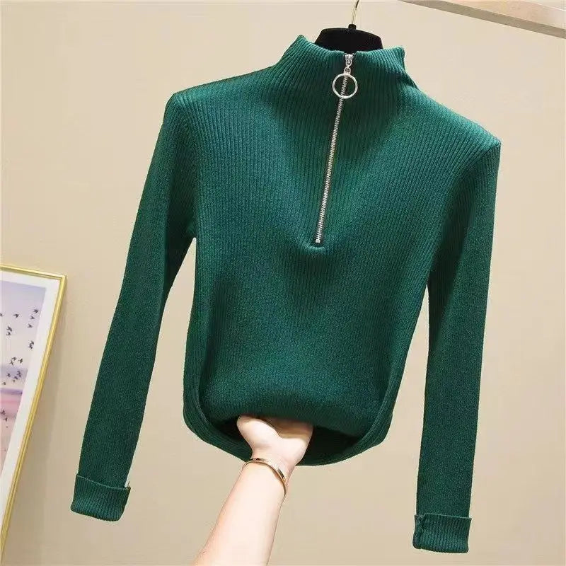 Vintage Solid Knitted Long Sleeve Zip-Up Half Turtleneck Sweater for Women - Cozy Winter Pullover for Casual Outfits & Office Wear