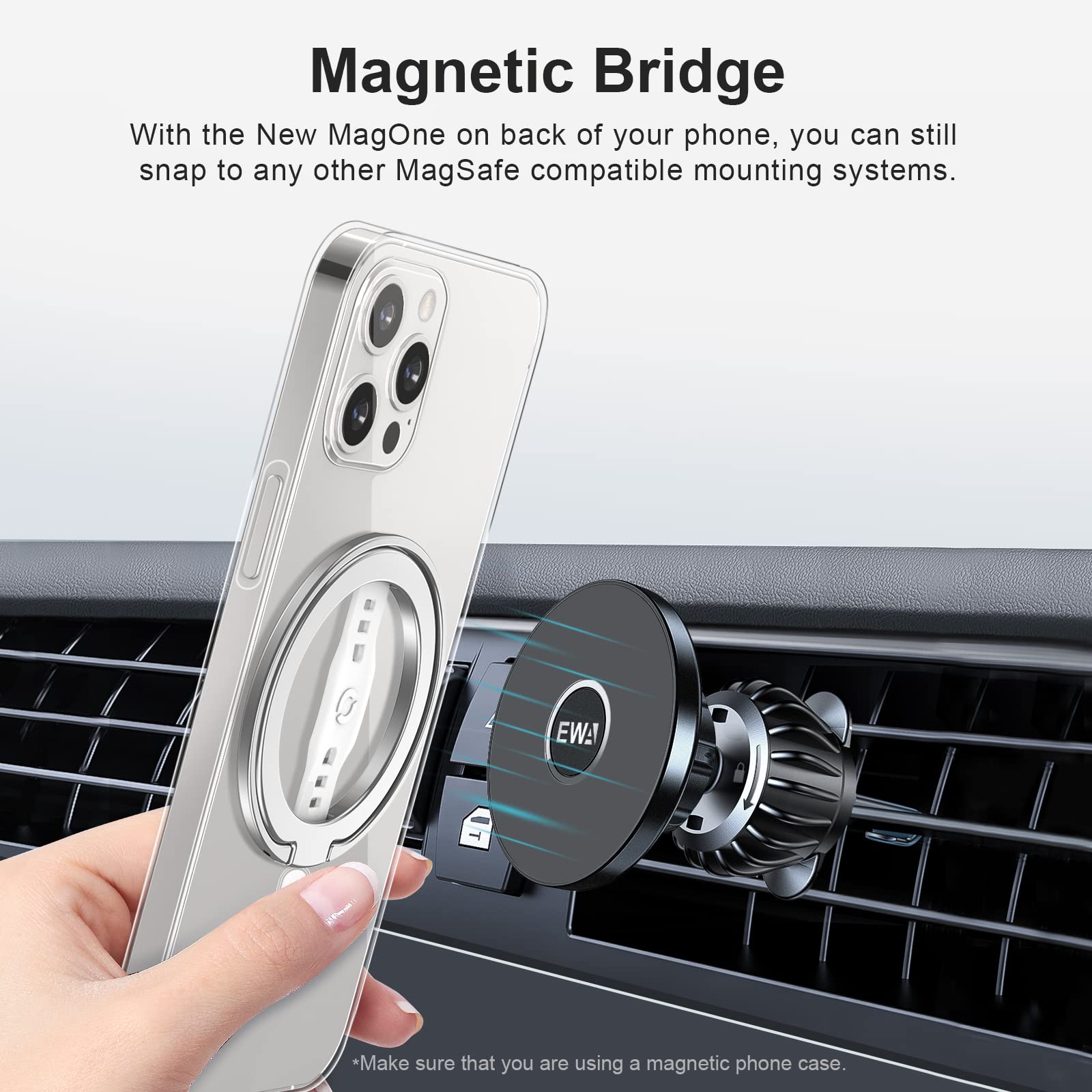 EWA MagOne Upgrade: MagSafe Phone Grip Stand with Silicone Finger Strap, Removable Magnetic Ring Holder & Kickstand Loop for iPhone 15, 14, 13 Pro/Max/Plus (Silver) - Perfect for Travel, Work & Everyday Use