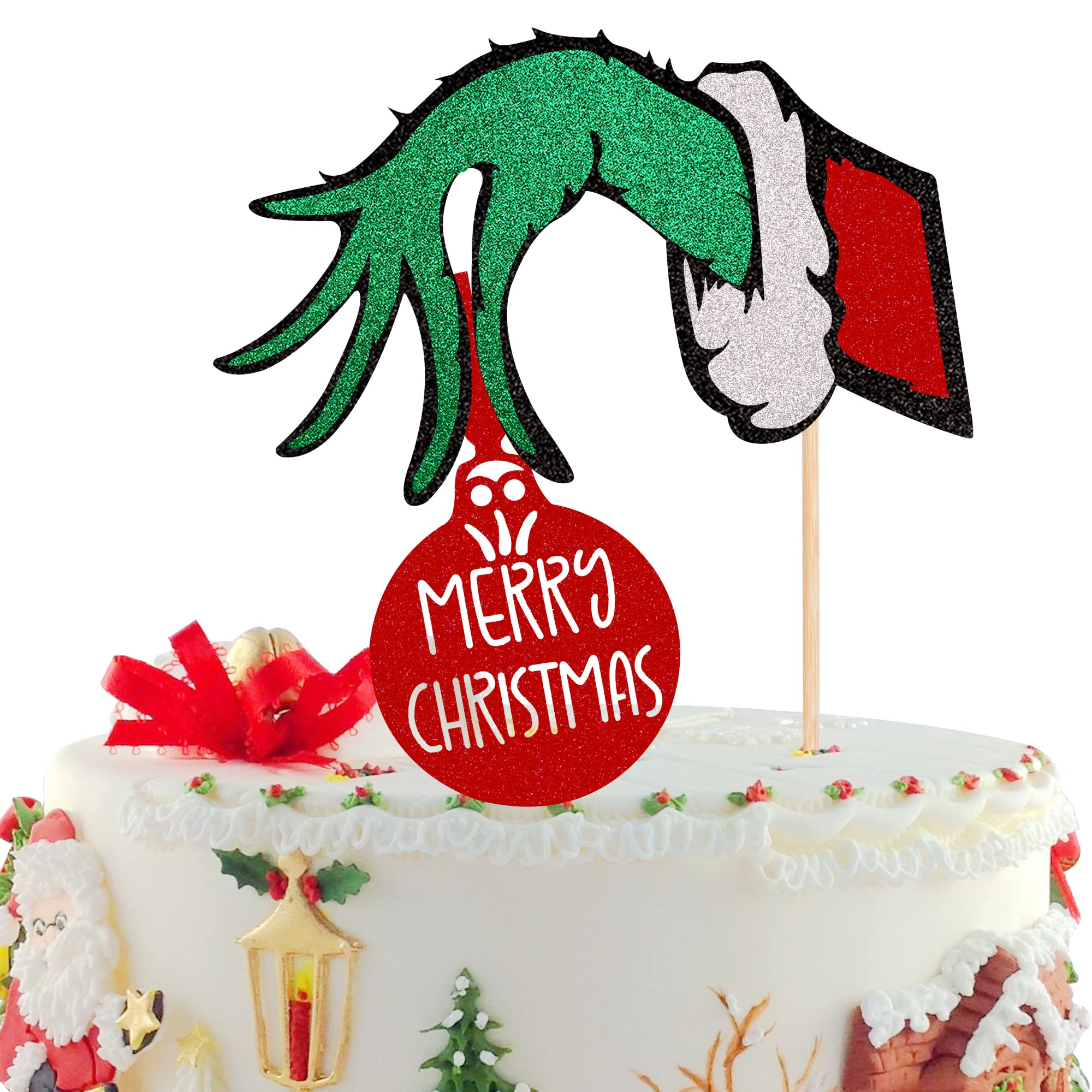 1 PCS Merry Christmas Cake Topper with Red and Green Glitter - Christmas Party Cake Decorations - Holiday Baking Supplies for Christmas Desserts, Cupcakes, and Festive Treats