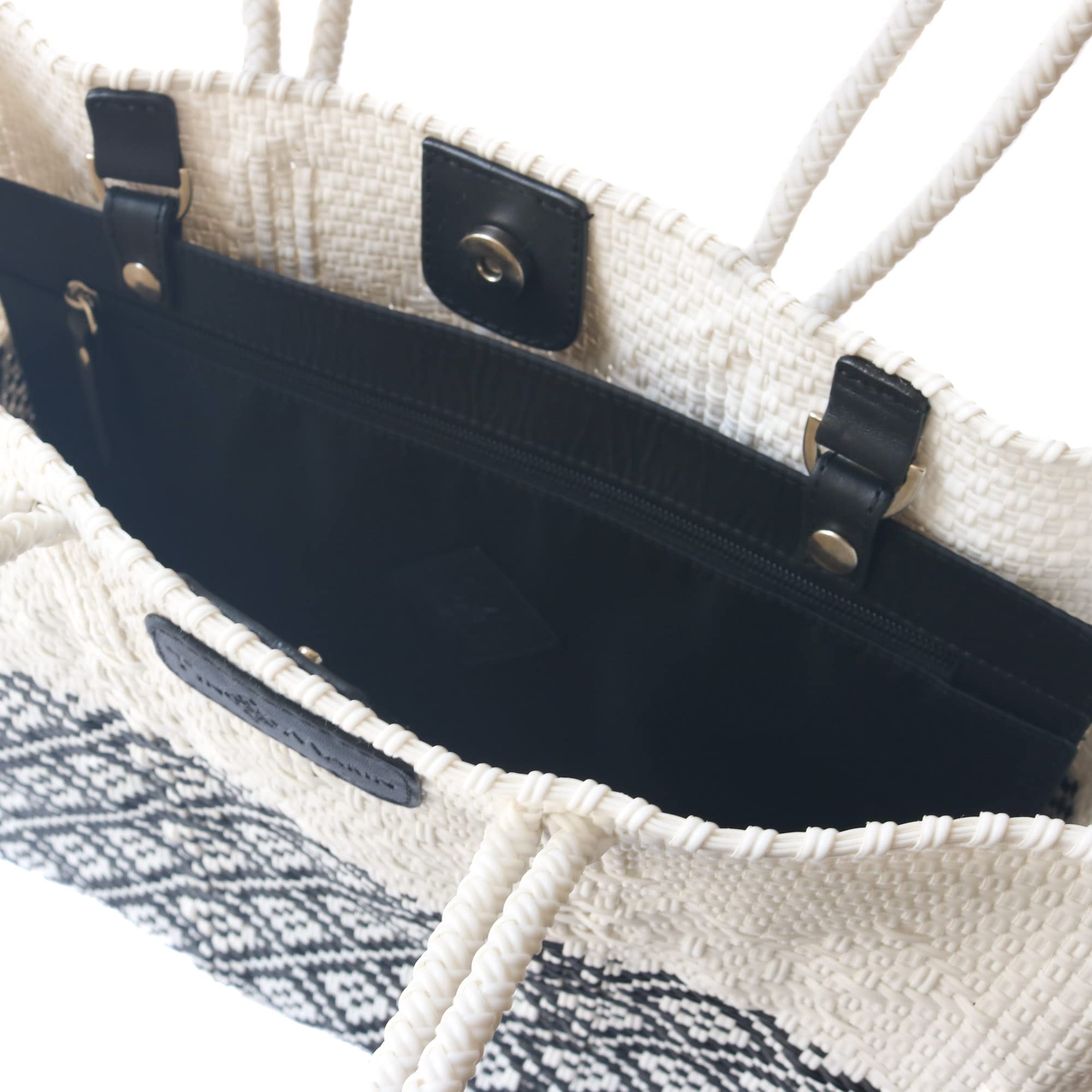 Stylish Tin Marin White Handwoven Plastic Tote Bag with Extra Long Handles - Mexican Woven Beach Bag for Summer, Travel & Shopping | Durable Leather Finishes for Daily Use