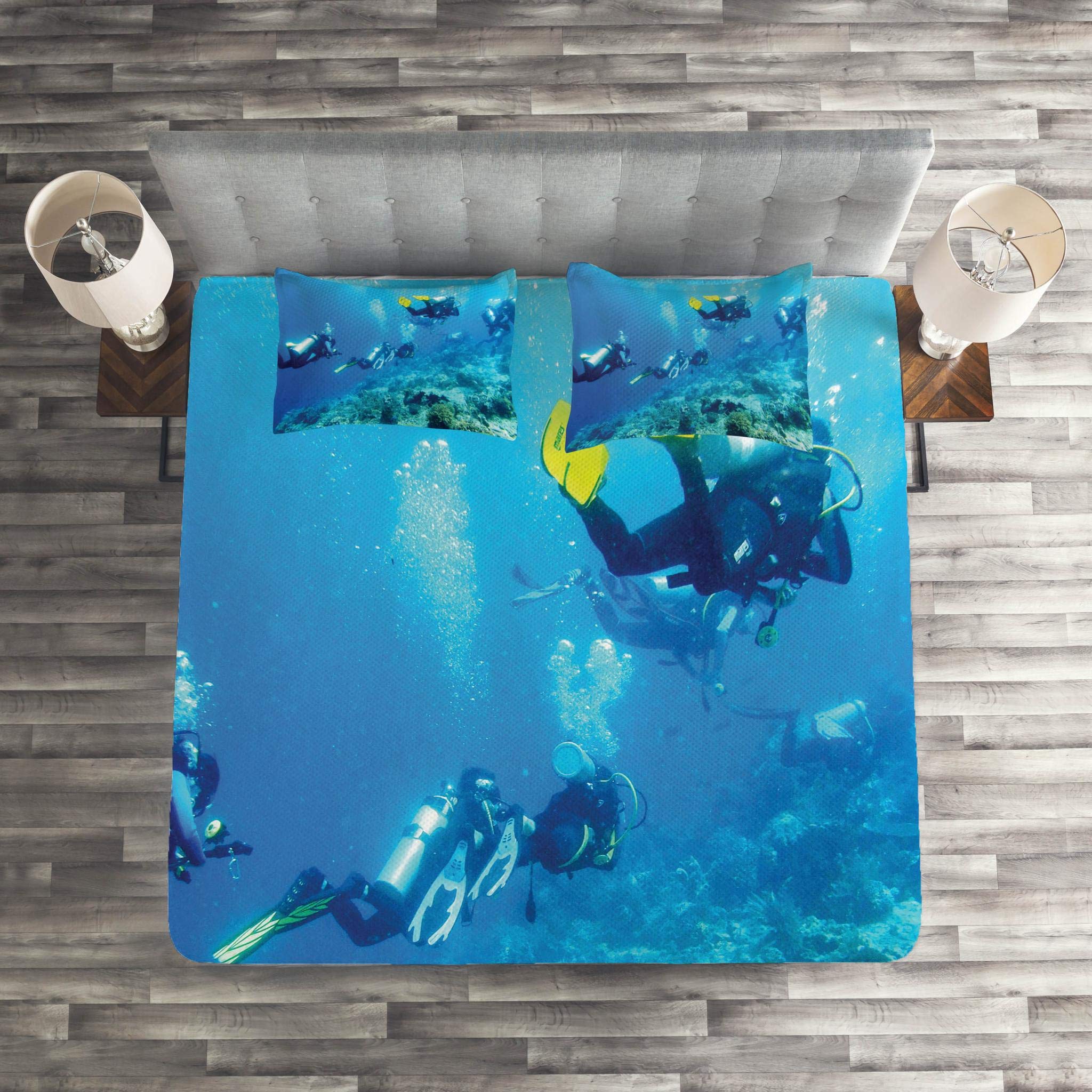 Lunarable Ocean Themed Quilt Set - King Size 3-Piece Bedspread with 2 Pillow Shams, Scuba Diver Design Featuring Underwater Stones, Fish & Bubbles in Sky Blue, Yellow & Blue - Perfect for Beach House Decor, Coastal Bedroom Theme or Ocean Lover's Retreat