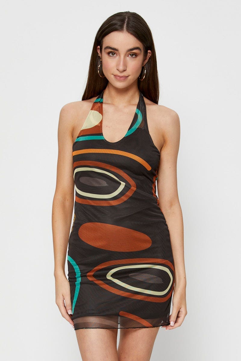 Abstract Print Bodycon Dress - Mini Halter Neck Sleeveless Party Dress for Women | Night Out, Club Wear, Date Night, Special Occasions