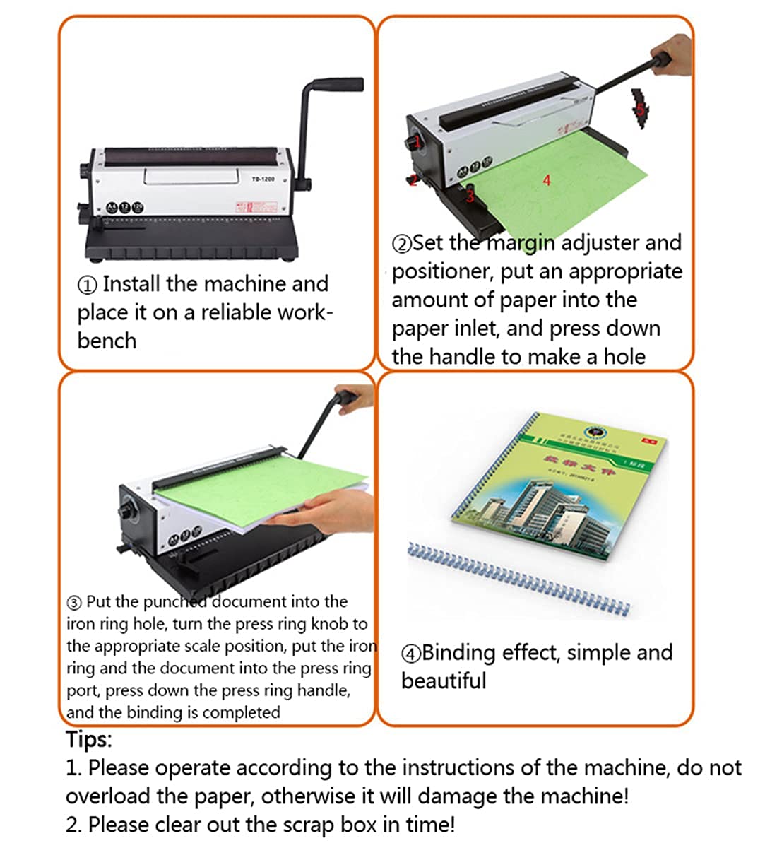 INTBUYING All Steel Metal Base Wire Coil Binding Machine - 34 Holes 3:1 Square Punching, 120 Sheets Binding Capacity (Model TD1200) - Perfect for Office Documents, School Projects, and Professional Reports