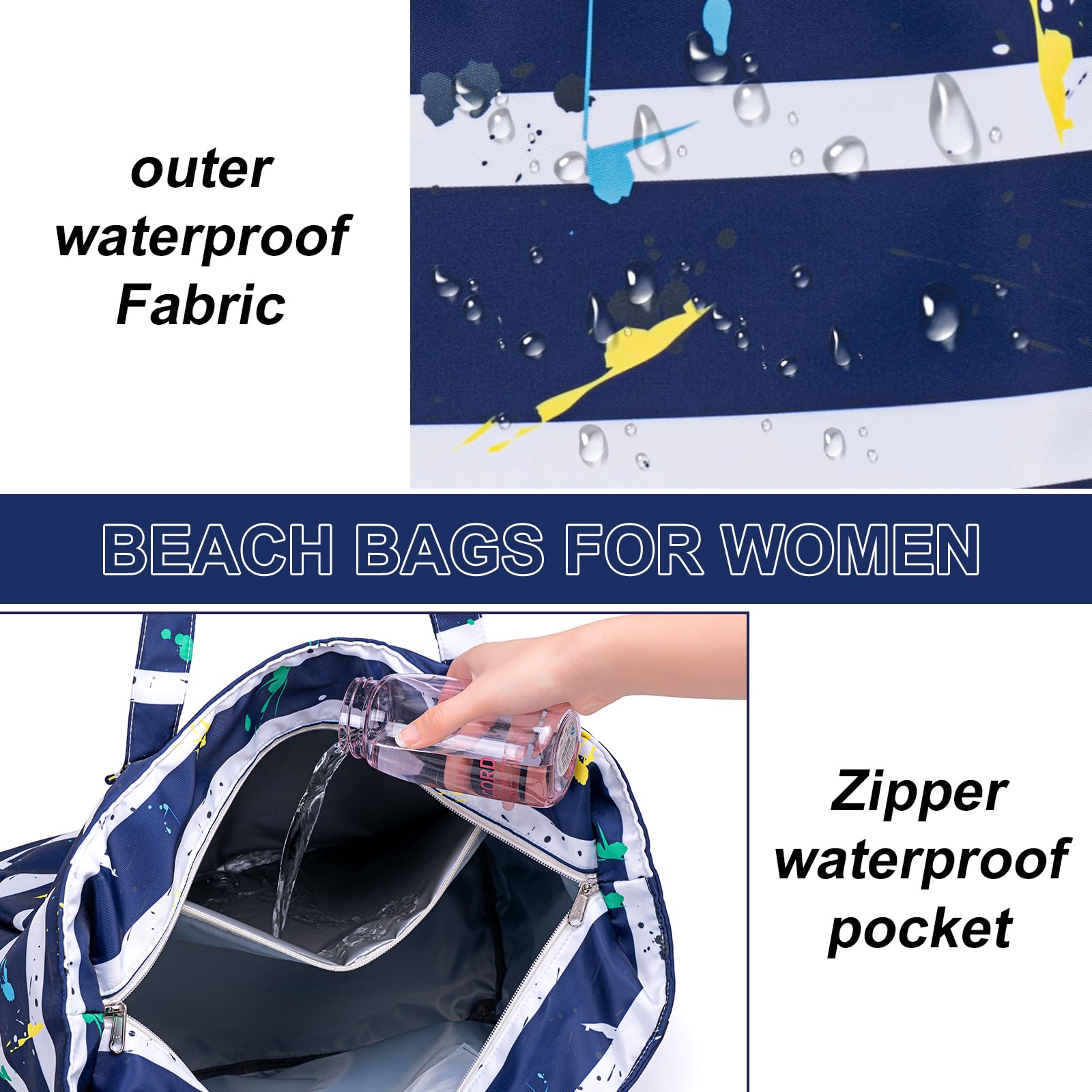 Waterproof Sandproof Beach Tote Bag for Women - Large Zippered Pool Bag with Wet Pocket - Perfect for Gym, Grocery Shopping, Travel & Beach Outings