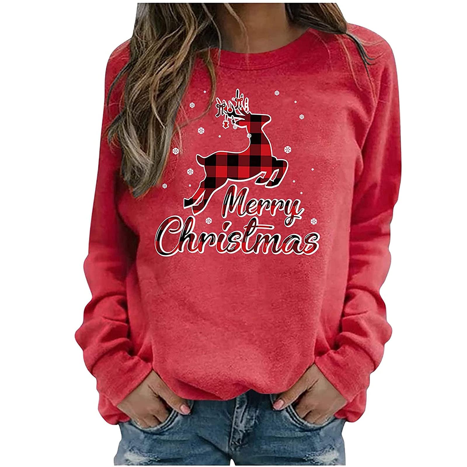 Women's Merry Christmas Tops - Festive Elk Print Long Sleeve T-Shirt, Cozy Crewneck Pullover Sweatshirt for Holiday Parties & Casual Winter Wear