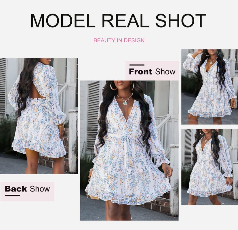 Dokotoo Women's Deep V Neck Long Sleeve Backless Ruffle Floral Flowy Mini Dress for Spring Summer 2025 | Sexy Party Cocktail Dress for Night Out, Date Night, Beach Vacation