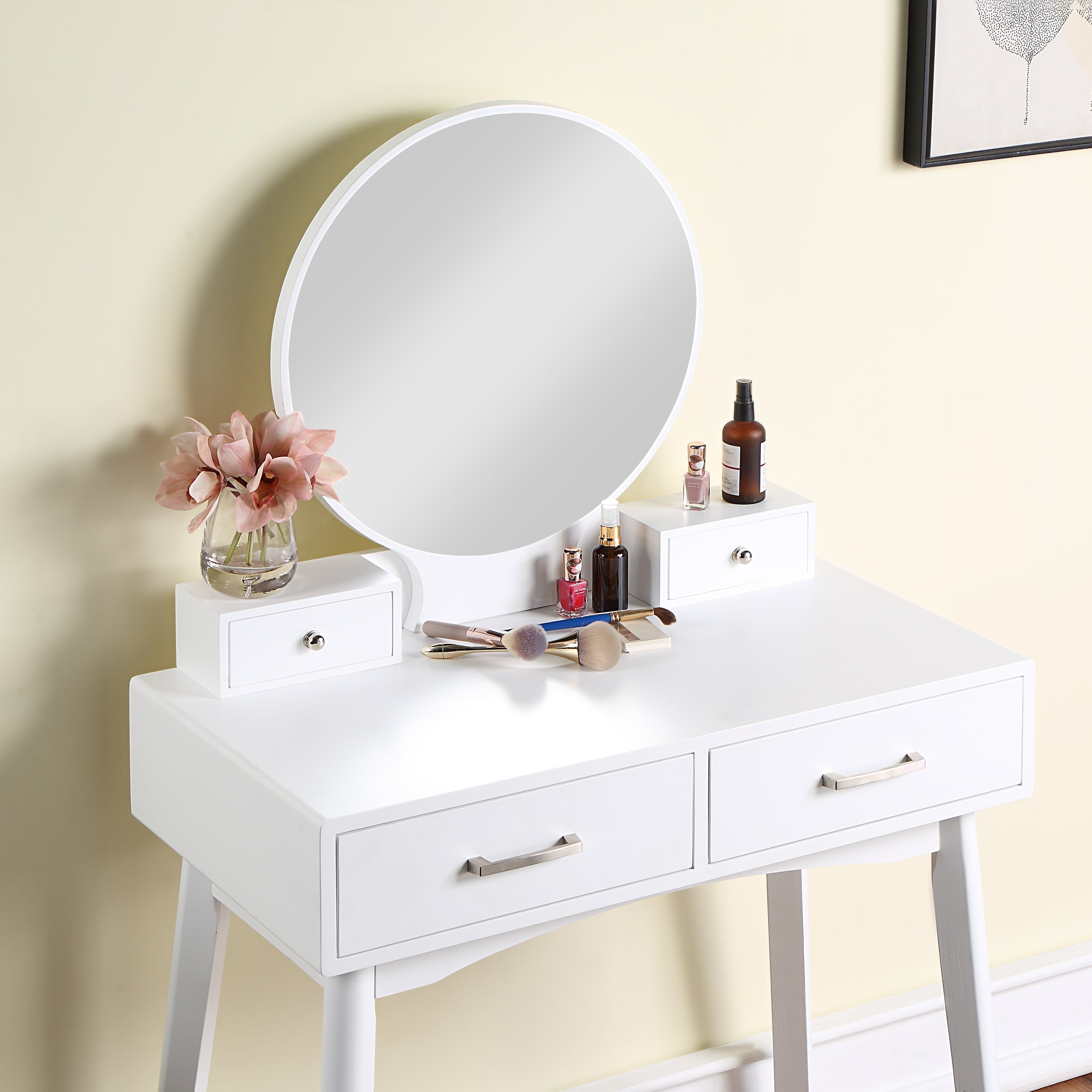 Roundhill Furniture Liannon Contemporary Wood Vanity Set with Stool - Modern Bathroom Vanity with Storage for Makeup & Jewelry Organization - Perfect for Bedroom, Bathroom or Dressing Room