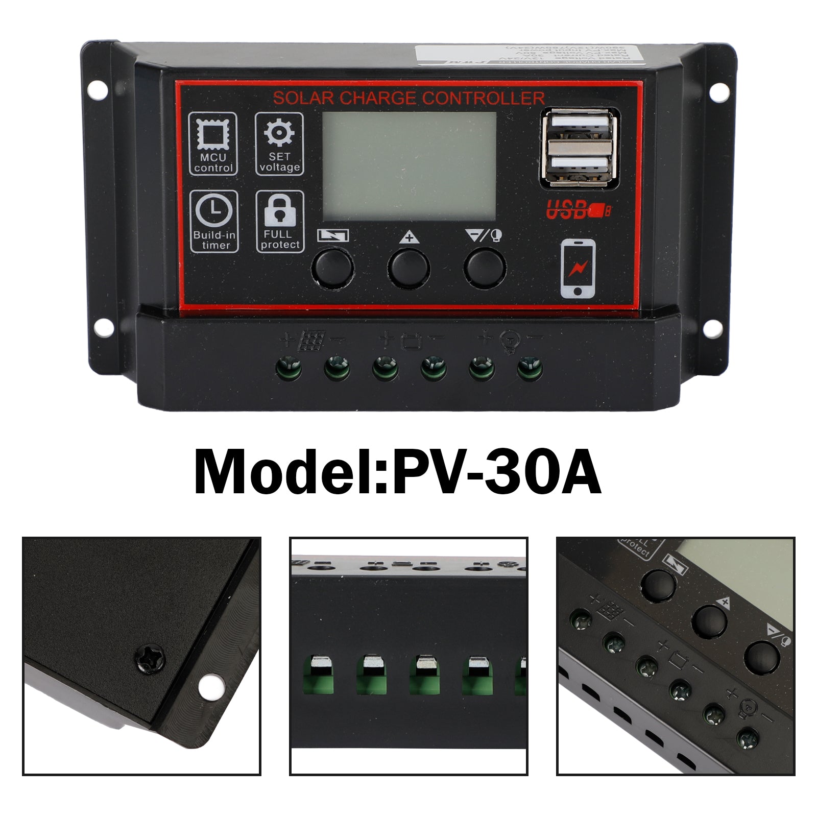 10A/20A/30A Solar Charge Controller with PWM & LCD Display - Dual USB Ports for 12V/24V Solar Panels - Perfect for RV, Boat, Off-Grid & Home Solar Systems