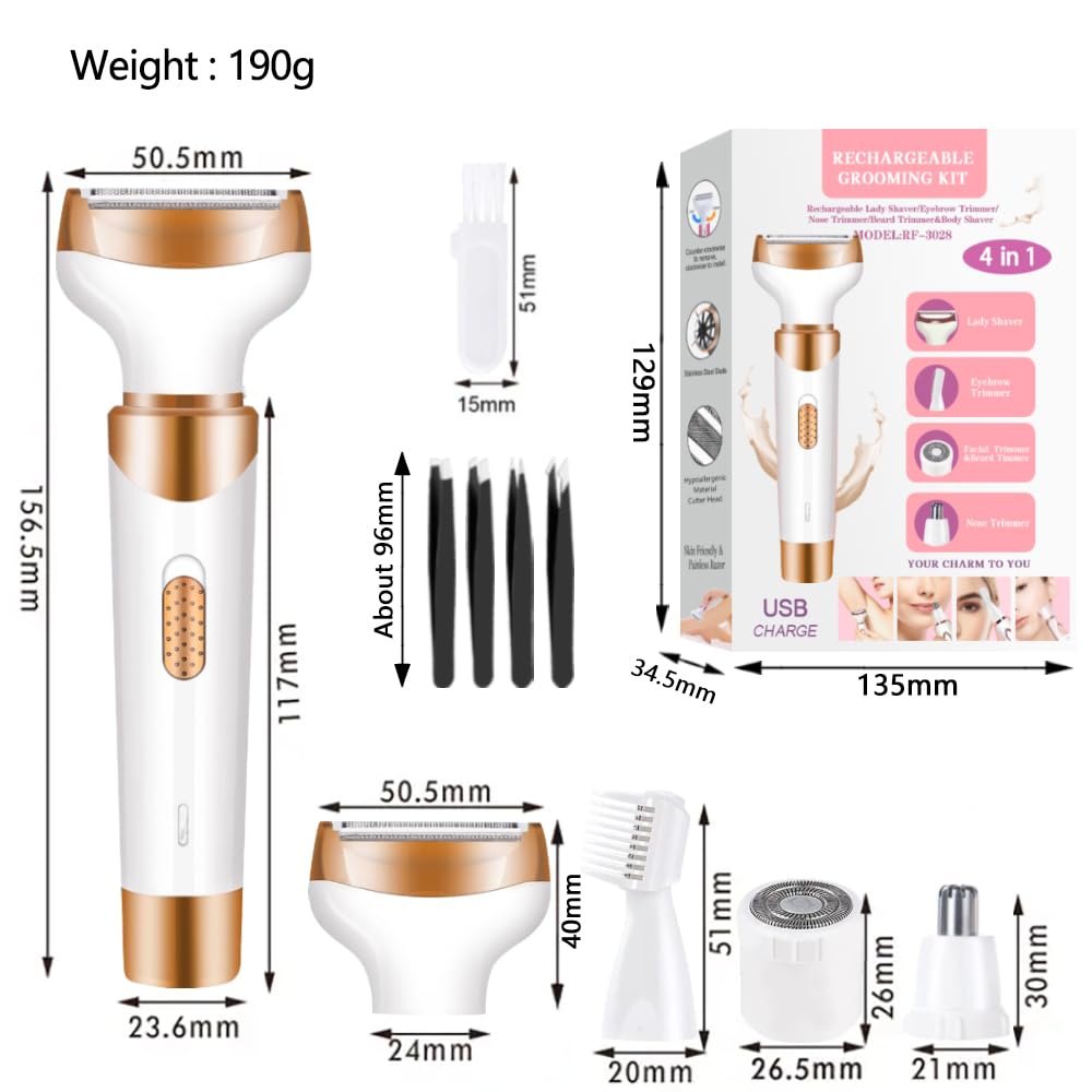 Electric Lady Shaver 4-in-1 Rechargeable Women's Shaving Kit - Bikini Trimmer, Facial Hair Remover, Eyebrow & Nose Trimmer - Wet & Dry Use with Easy Cleaning (WhiteGold) - Perfect for Travel, Gym & Home Grooming