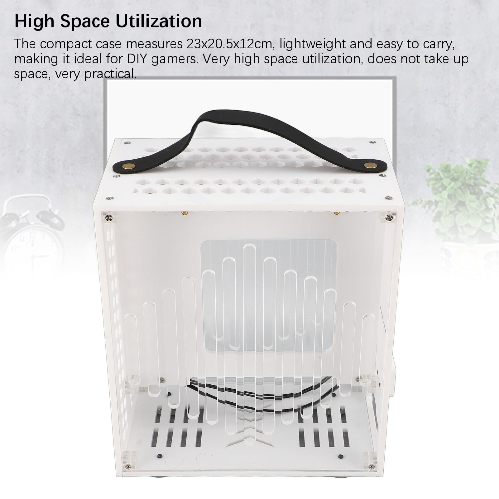 Mini ITX PC Case with Handle - 360° Open Hollow Airflow Design, Transparent Acrylic Gaming Computer Chassis for DIY Builds, Workstation & Home Office (White) | Perfect for Compact Gaming Rigs & Streaming Setups