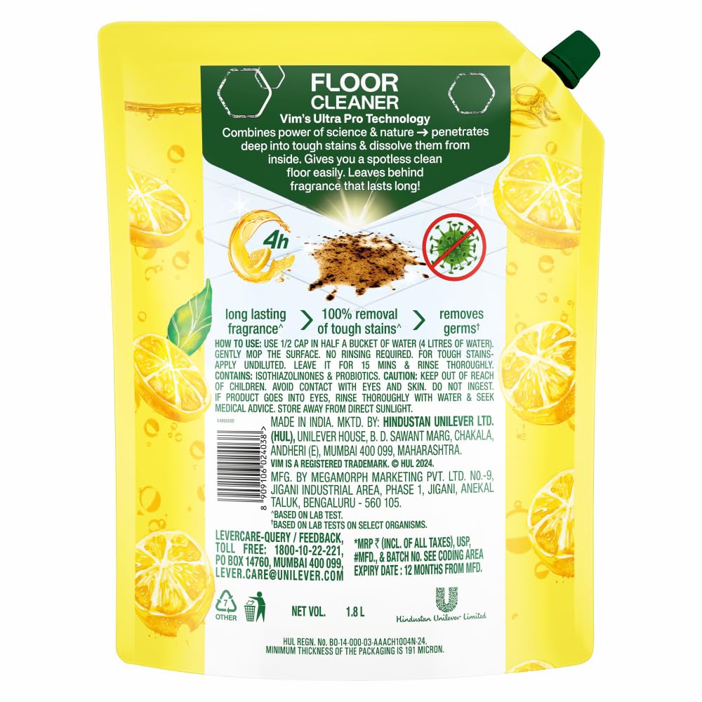 Vim Floor Cleaner 1.8L - Sparkling Lemon Scent | 100% Stain Remover for Deep Cleaning Floors | Long Lasting Freshness | Ideal for Kitchen, Bathroom & Hardwood Floors