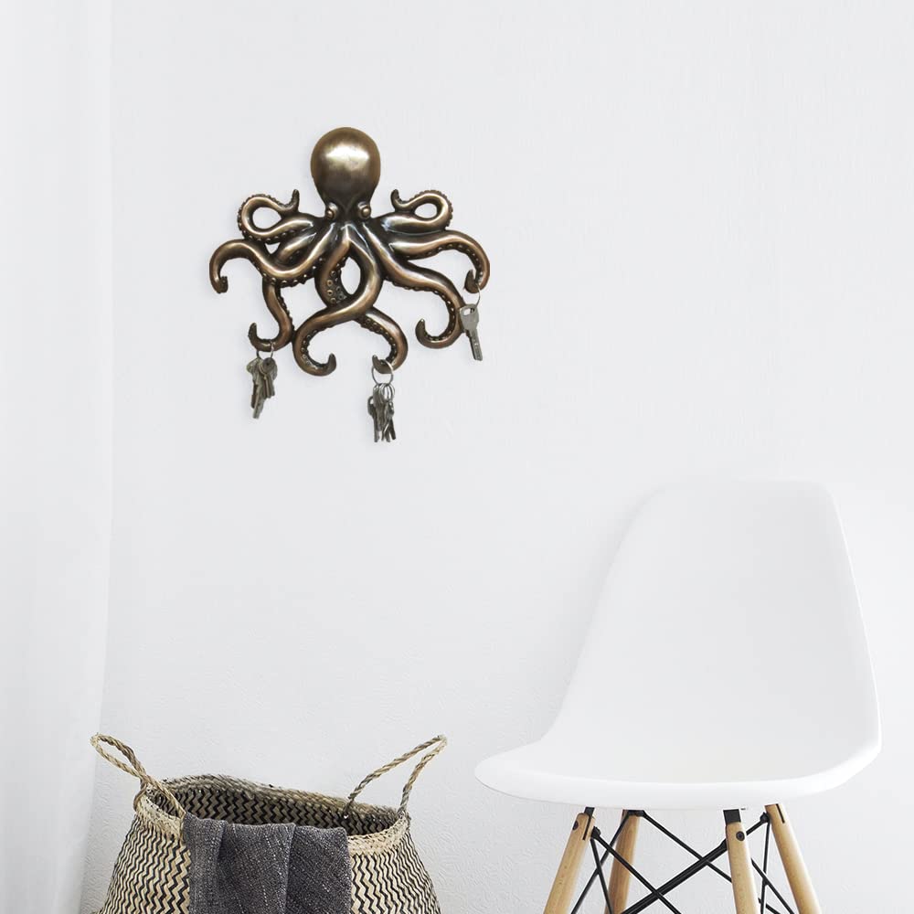 DWK Octopus Wall Sculpture & Key Holder - Ocean Theme Home Decor, Nautical Sea Wall Art for Entryway - 11 Inch Octopus Key Hanger (Perfect for Beach House, Coastal Decor & Marine-Themed Rooms)
