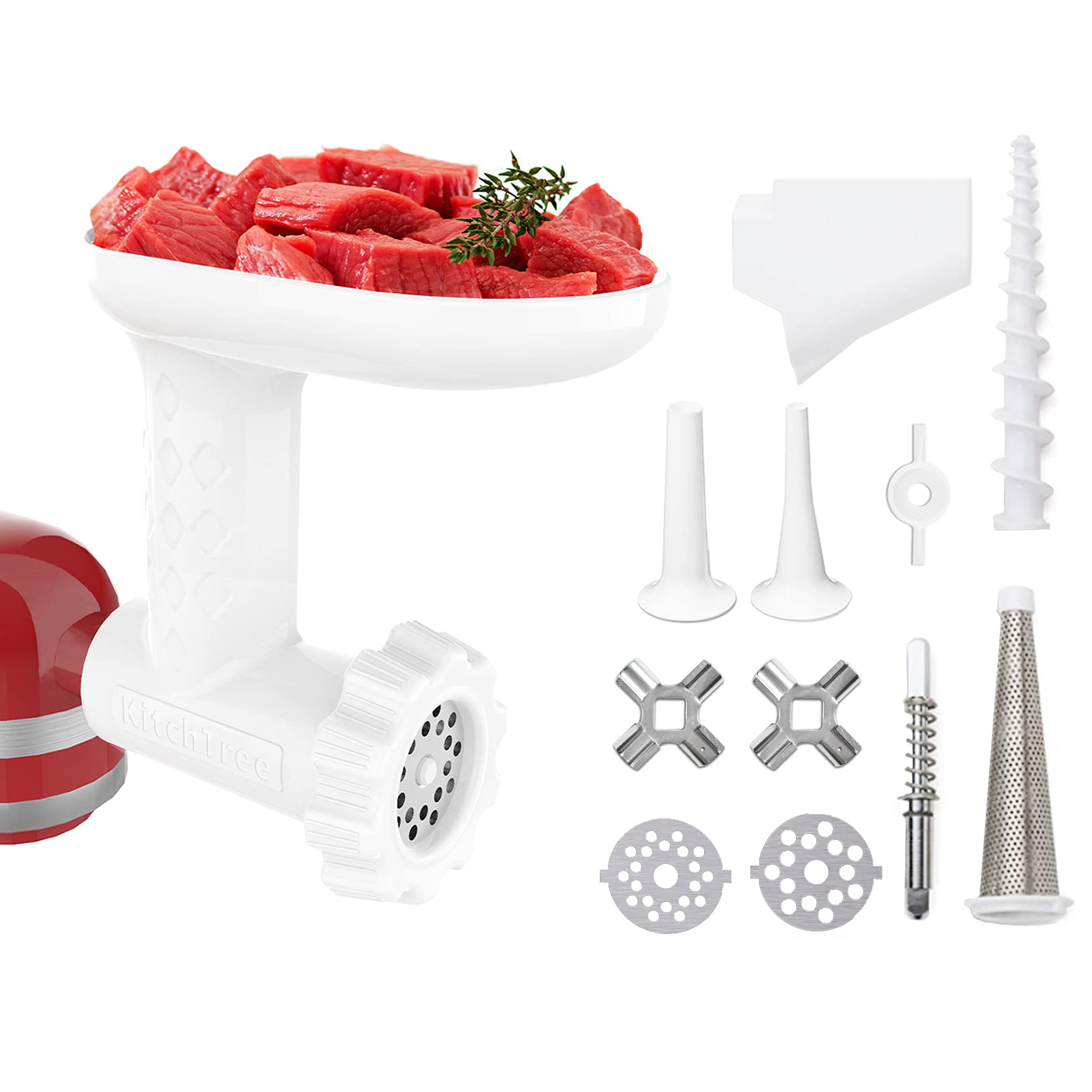 KITCHTREE Fruit & Vegetable Strainer Attachment Set with Food Grinder & Sausage Stuffer Tubes - Compatible with KitchenAid Stand Mixers for Juicing, Canning & Homemade Sausage Making