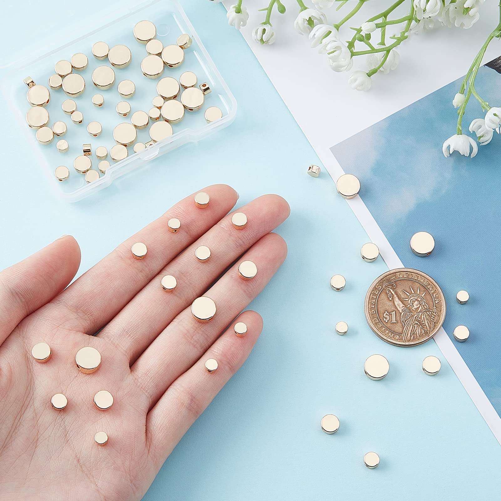PH PandaHall 14K Gold Coin Beads - 80pcs Circle Slices Beads (4/5/6/8mm) Brass Spacer Beads, Flat Round Metal Spacers for Jewelry Making - Durable Tiny Disc Loose Beads for Bracelets & Necklaces - Perfect for DIY Crafts, Gifts, and Fashion Accessories