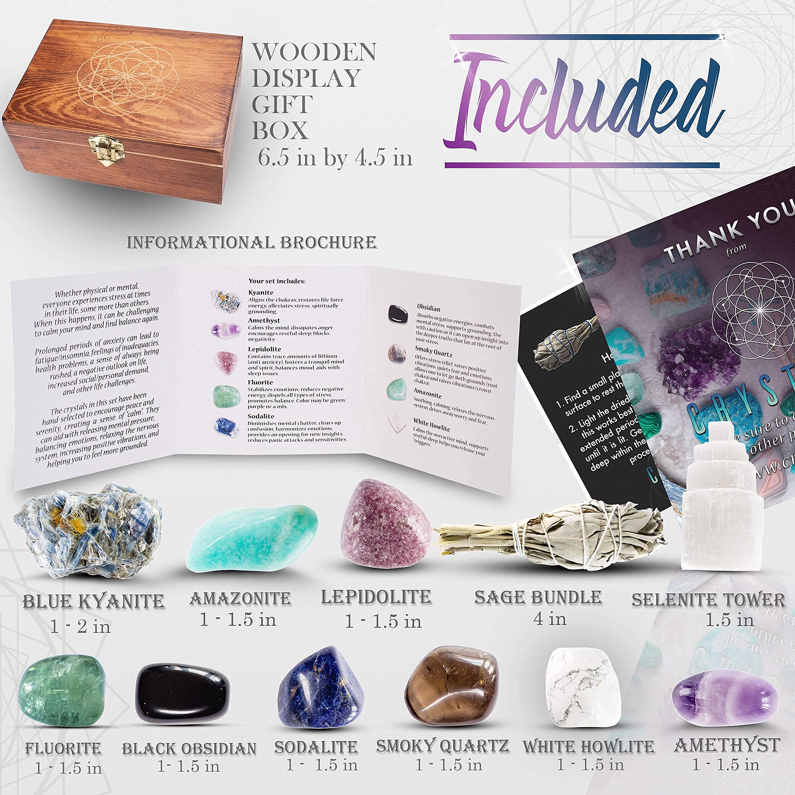 CRYSTALYA Large Healing Stones Set - Amethyst, Lepidolite, Fluorite, Smoky Quartz, Selenite for Stress Relief & Anxiety | Wooden Gift Box with Sage & 50pg Ebook | Meditation, Yoga, Home Decor, Spiritual Healing Gifts