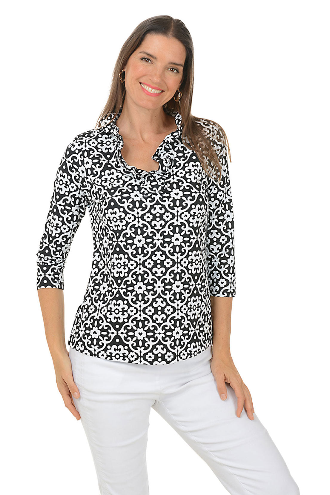 Elegant Heart Damask Ruffle Neck UPF50+ Sun Protection Blouse for Women - Perfect for Beach, Vacation & Summer Outfits