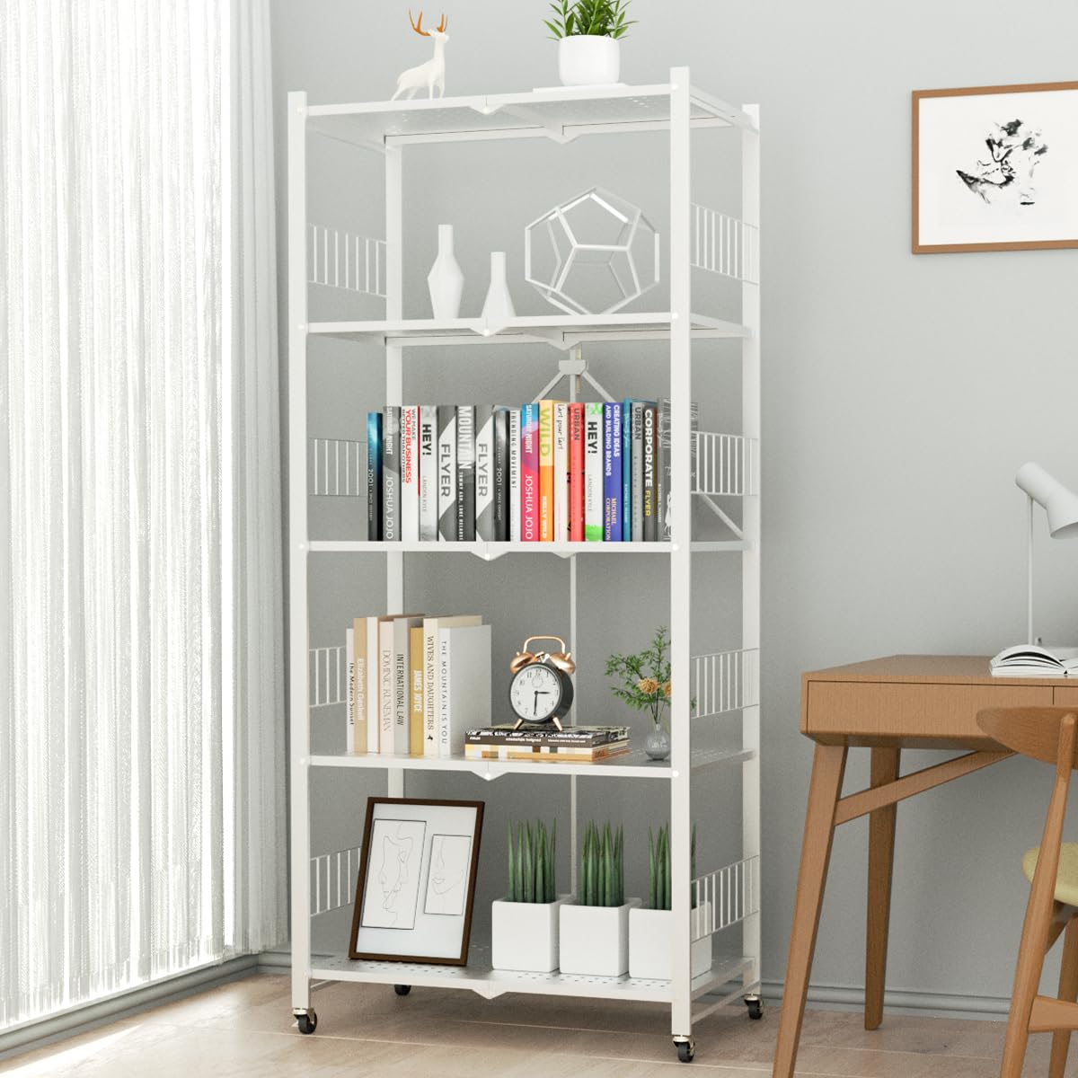 5-Tier Metal Folding Storage Shelves with Wheels - Collapsible Rolling Shelf Unit for Garage, Kitchen, Pantry & Closet Organization (No Assembly Required)