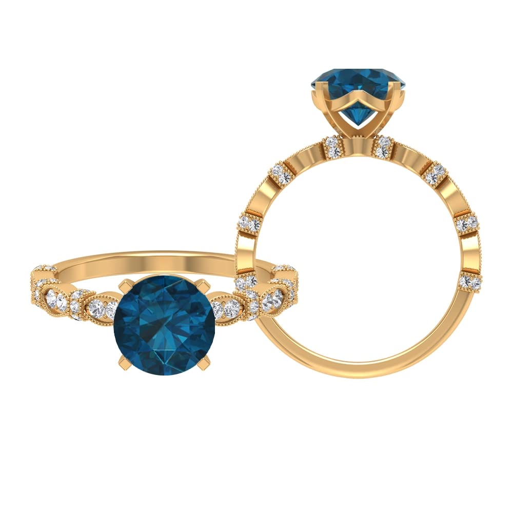 2.75 CT London Blue Topaz & Moissanite Ring - 14K Solid Gold Solitaire Engagement Ring with Beaded Band, December Birthstone Jewelry for Women - Perfect for Weddings, Anniversaries & Special Occasions