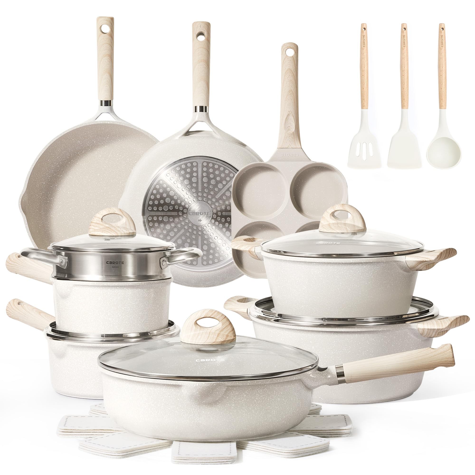 CAROTE 21-Piece Nonstick Pots and Pans Set - White Granite Induction Cookware with Frying Pans & Saucepans (PFOS & PFOA Free) - Perfect for Home Cooking, Family Meals & Professional Kitchens