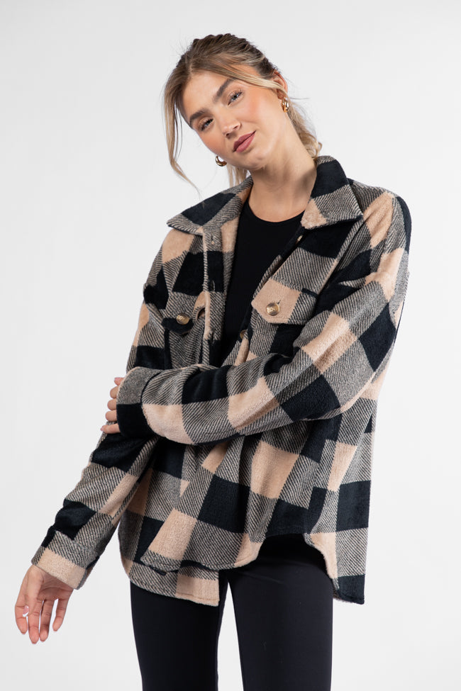 Wind Down Black and Tan Fleece Plaid Shacket - Cozy Overshirt for Men & Women | Perfect for Fall & Winter Layering, Outdoor Adventures & Casual Wear | FINAL SALE