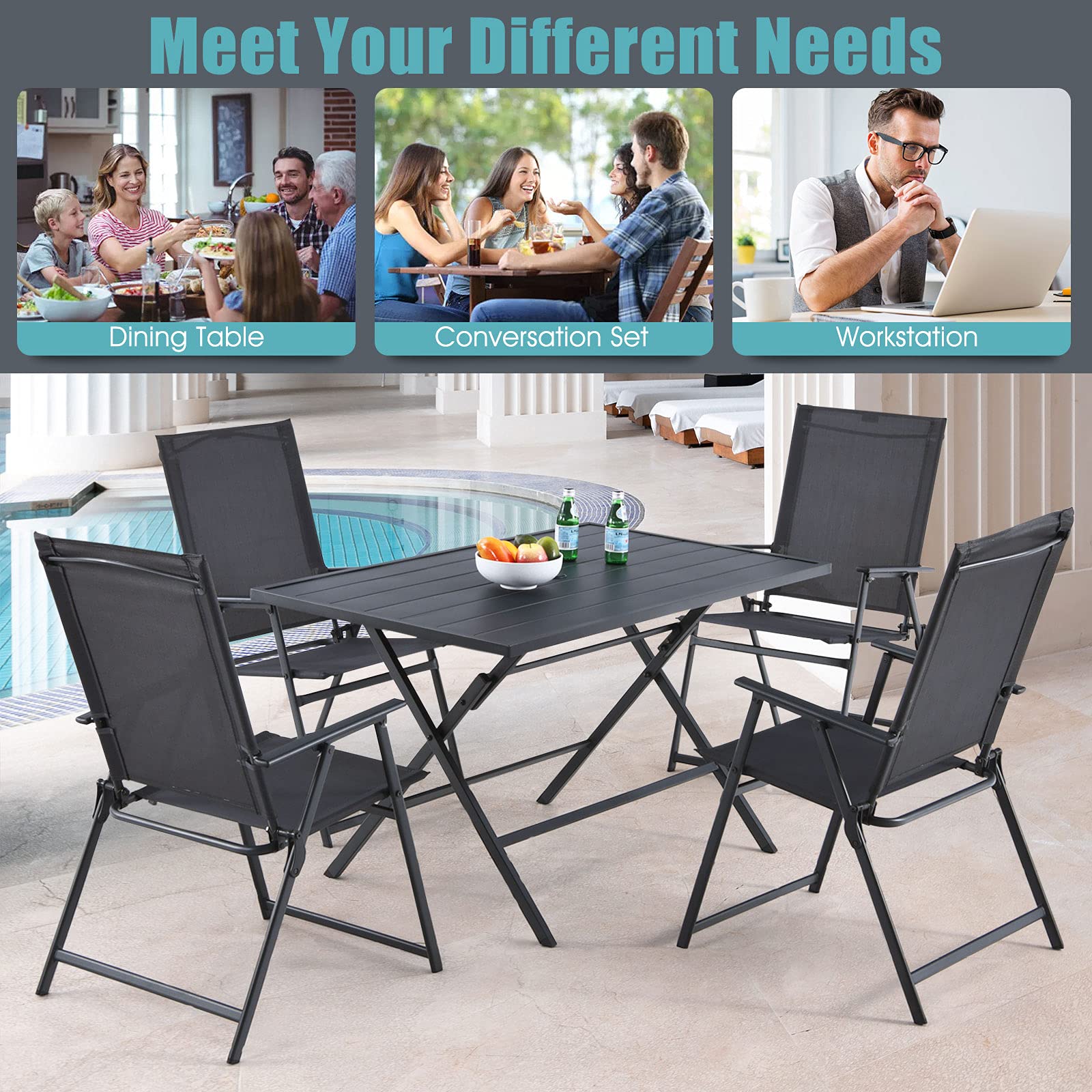 Tangkula 5-Piece Patio Dining Set - No Assembly Required Outdoor Furniture with 4 Armchairs & 1 Table, Folding Chair Set with 1.5