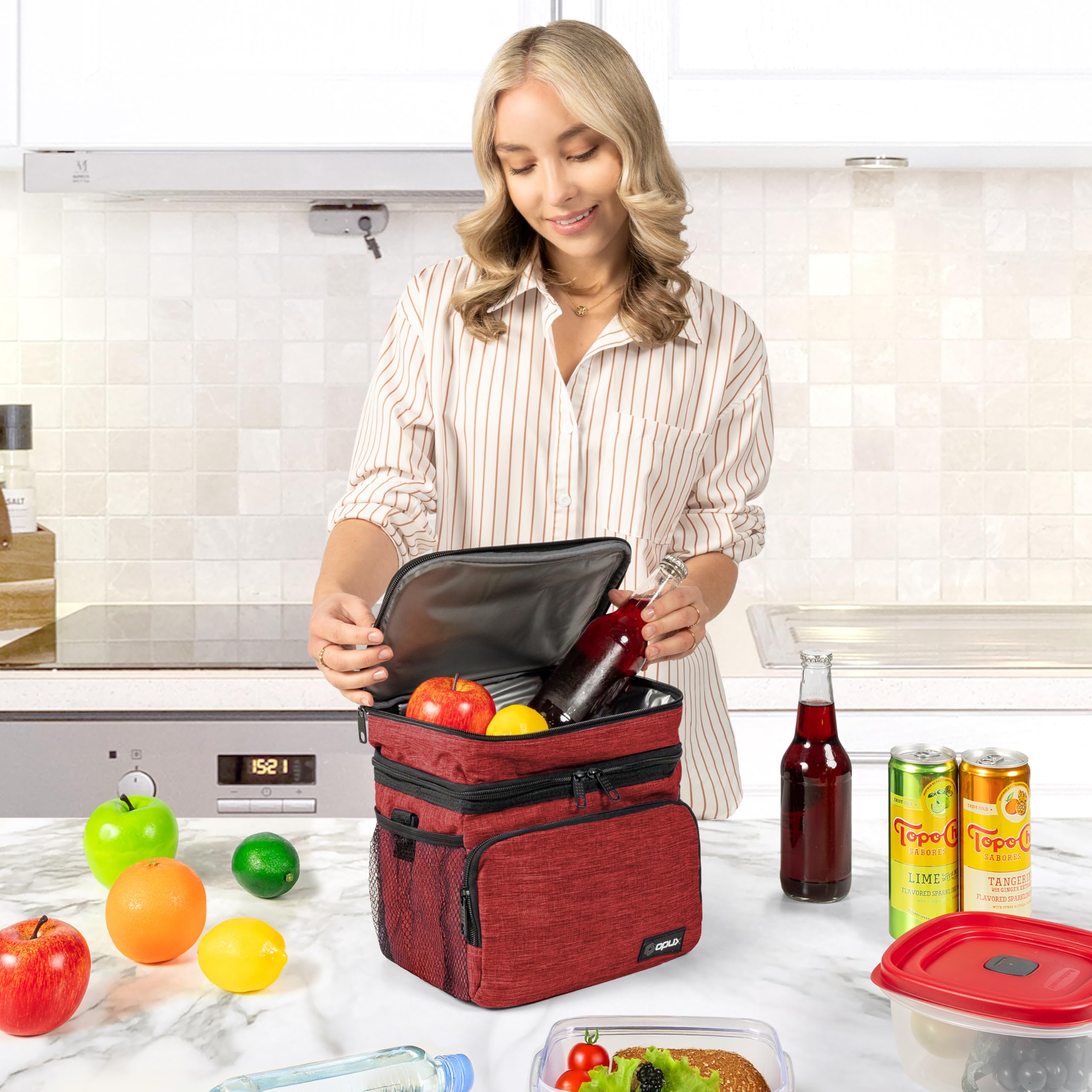 Premium Insulated Lunch Bag for Men & Women - Large Dual Compartment Cooler Tote with Shoulder Strap | Leakproof Soft Lunch Box for Work, School, Picnic & Outdoor Activities | Ideal for Adults & Kids (Red, Double Deck)