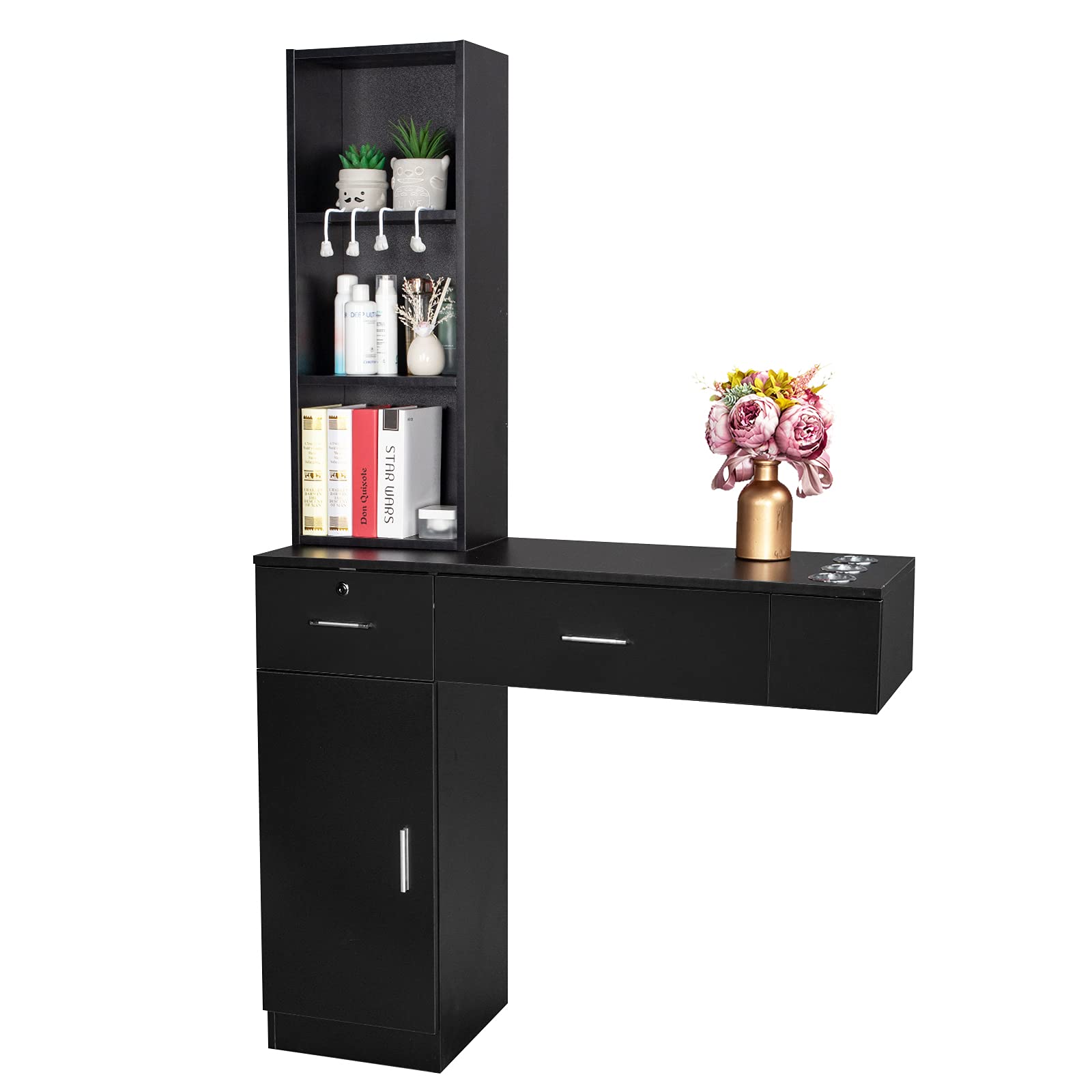 Wall Mounted Salon Mirror Station - Black Hair Styling & Makeup Vanity with LED Lights for Beauty Salon, Spa, and Home Use