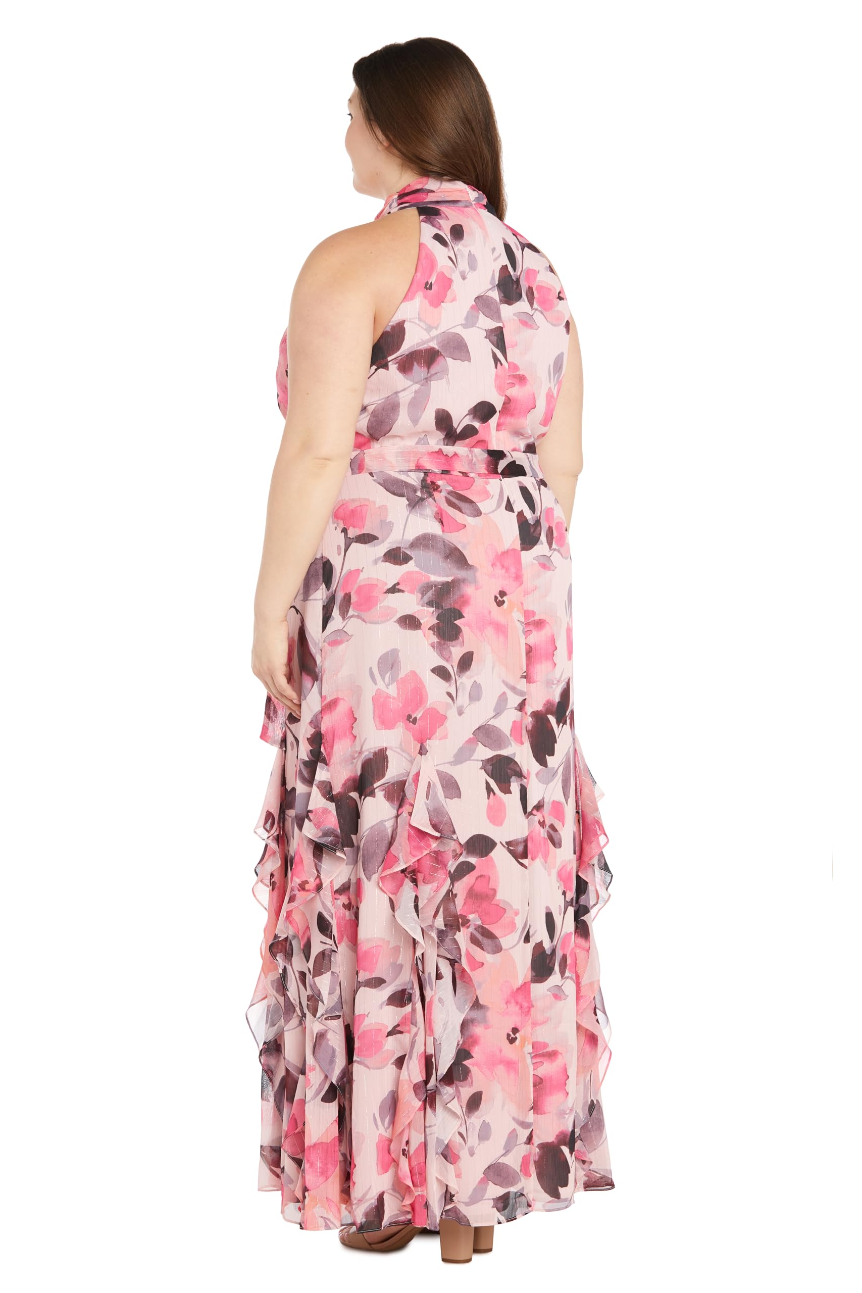 Blush Coral Floral Maxi Dress with Halter Neck & Ruffle - Summer Beach Wedding, Vacation, Boho Chic Outfit for Women