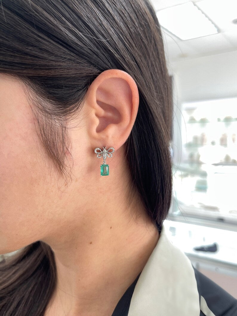 14K Gold Green Emerald and Diamond Butterfly Dangle Earrings - 4.10tcw Pave Setting, Elegant Jewelry for Women, Perfect for Parties, Weddings & Special Occasions