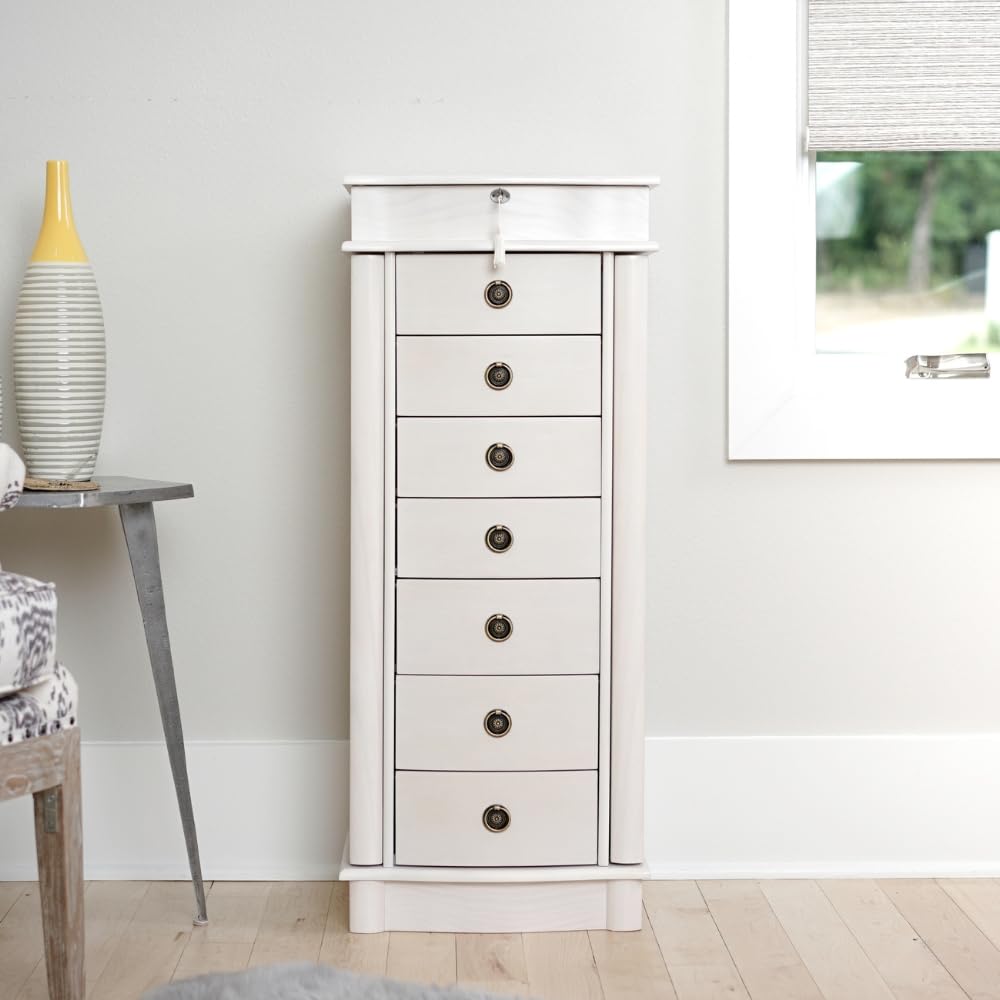 Hives & Honey Noel Standing Jewelry Armoire Cabinet with Lock - White Jewelry Storage Organizer with Flip Mirror, 2 Side Doors & 7 Drawers for Necklaces, Earrings, Bracelets | Perfect for Bedroom, Closet & Dressing Room Organization