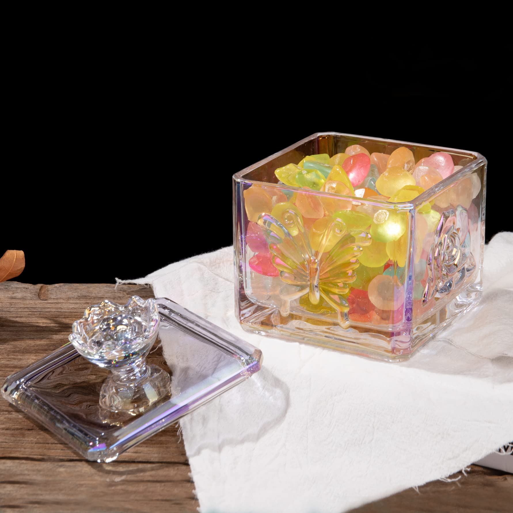 Iridescent Glass Candy Dish with Lid - 14oz Clear Embossed Candy Jar for Office & Home Decor - Elegant Candy Bowl for Parties, Weddings & Gifts (Irised Glass)