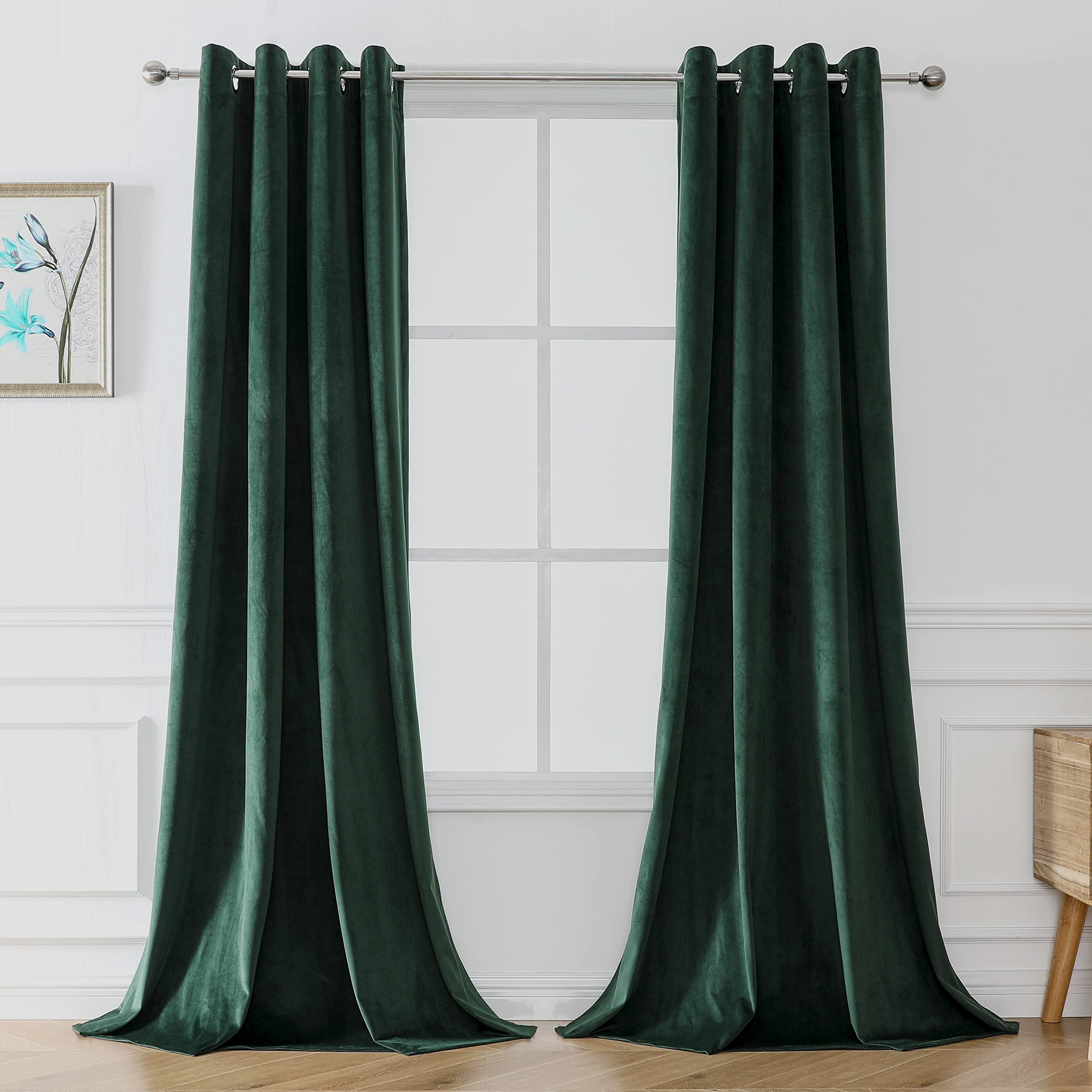 Victree Blackout Velvet Curtains 52x84 Inches - Thermal Insulated Light Blocking Grommet Window Drapes for Bedroom & Living Room, Dark Green Luxury Curtain Panels (Set of 2) - Perfect for Home Theater, Nursery & Shift Workers