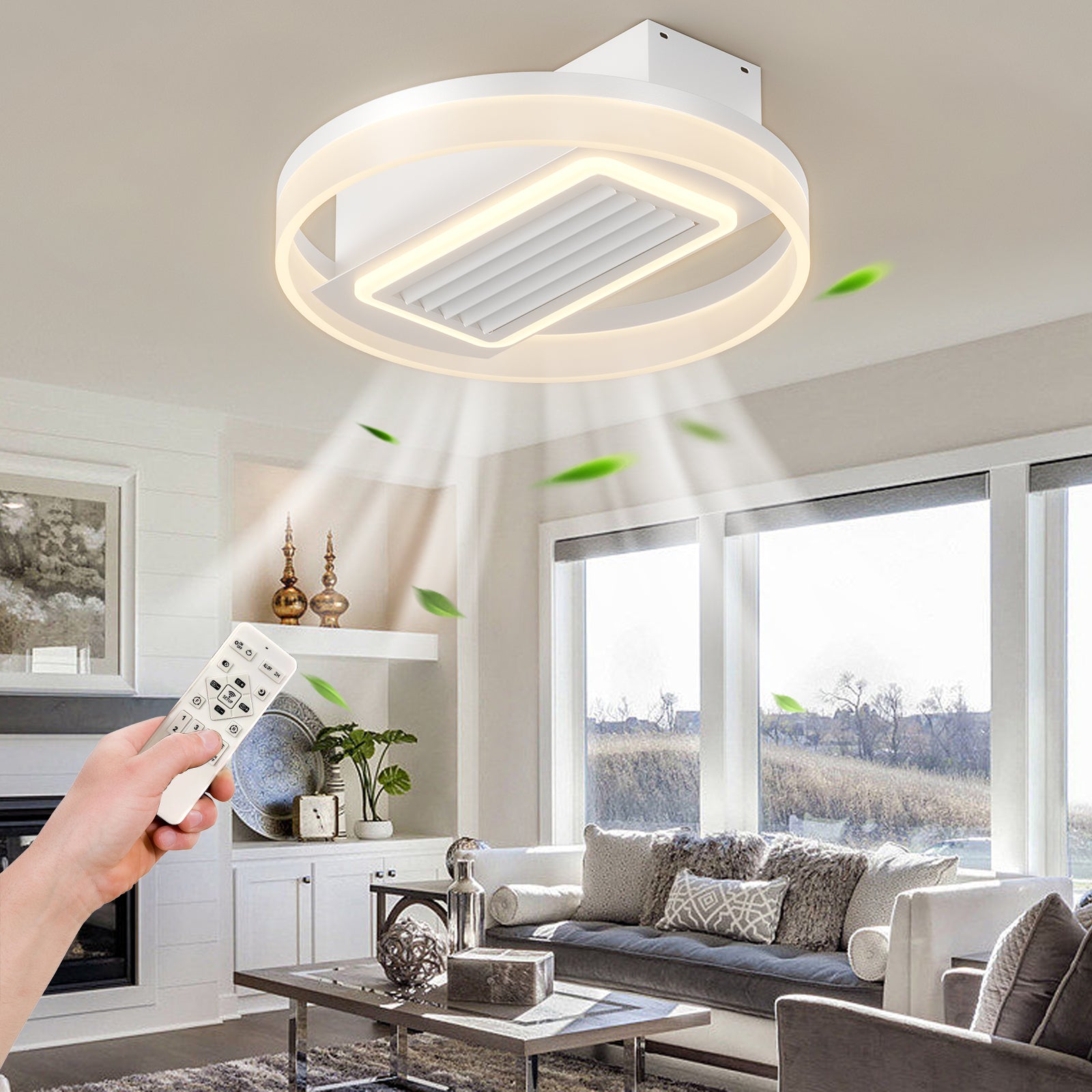 20 Inch Modern Leafless Ceiling Fan with Remote Control - Reversible Motor, Removable & Washable Blades - Perfect for Bedroom, Living Room, and Office Spaces
