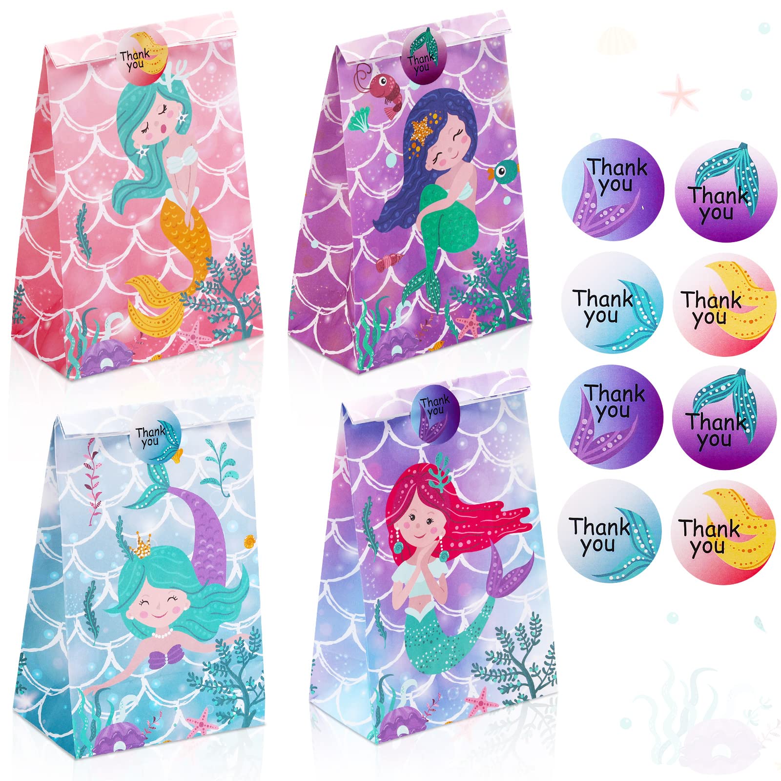 24 Pack Mermaid Party Favor Gift Bags for Girls - Mermaid Themed Birthday Party Supplies with Stickers - Perfect for Kids Birthday Parties, Baby Showers & Mermaid Decorations