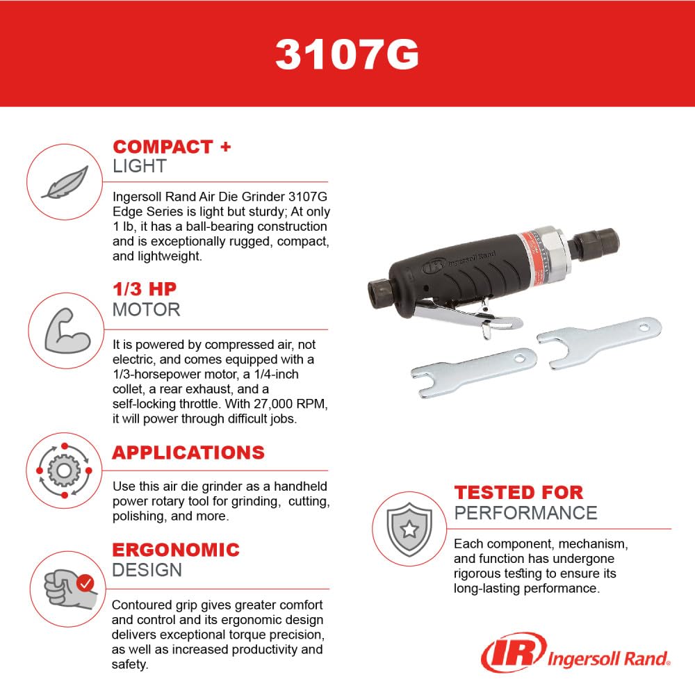 Ingersoll Rand 3107G 1/4-Inch Straight Air Die Grinder with Ergonomic Grip - Professional Pneumatic Tool for Metalworking, Wood Carving & Automotive Repair