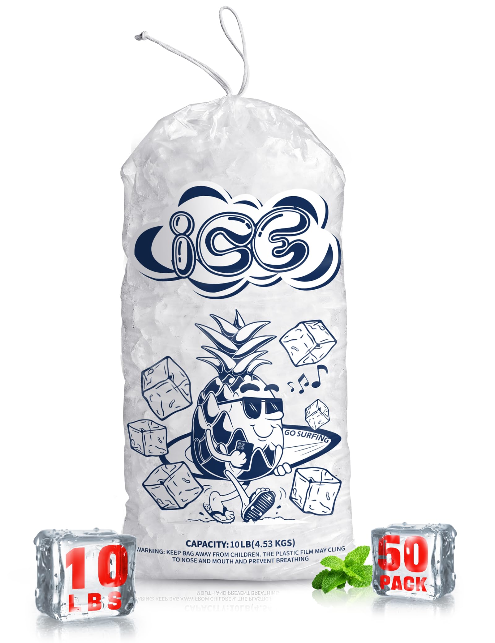 50 Pack Heavy-Duty 10 lb Ice Bags with Drawstring - 2 Mil Thick Leakproof Freezer Bags for Ice Machines, Party Coolers & Camping Supplies - Perfect for Commercial Use, Outdoor Events & Home Storage