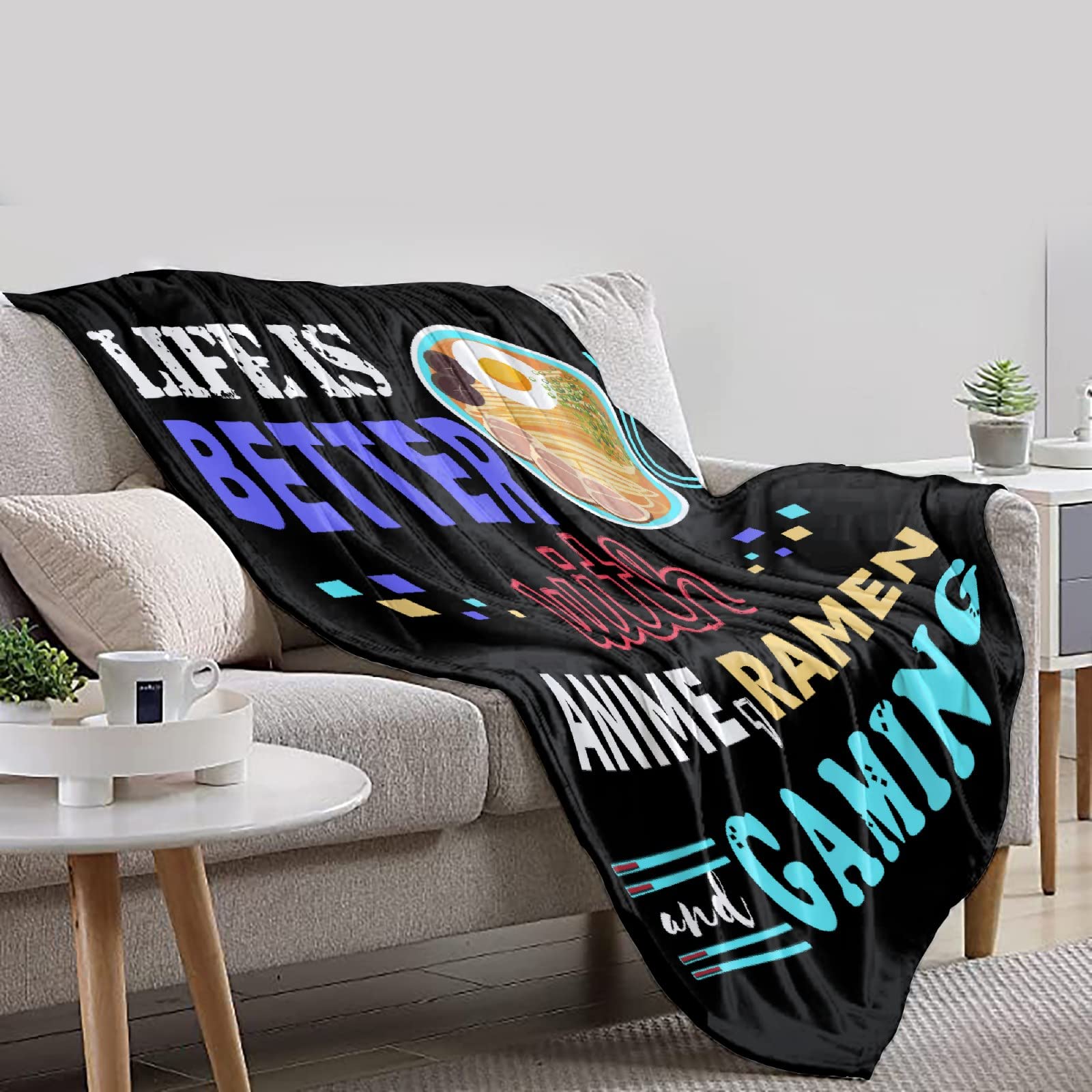 Soft Plush Anime Ramen Throw Blanket - 80 x 60in Large Flannel Blanket for Adults & Gamers - Perfect for Gaming Rooms, Bed Decor & Anime Lovers Gift