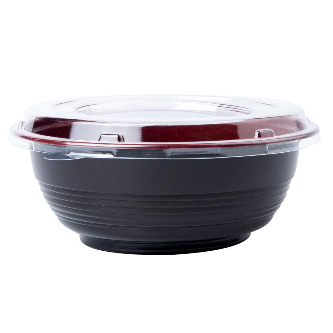 34oz Large Asian Panda Bowl with Clear Lid - Round Black & Red Plastic Microwave-Safe Food Storage Container (7.25